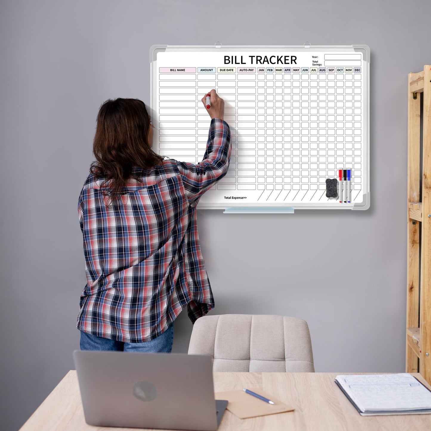 Feifeiya 24 x 18 Inch Monthly Bill Payment Tracker Whiteboard, Magnetic Dry Erase Budget Organizer, Aluminum Frame Wall Planner for Manage Personal Finance 12 Month(Classic)