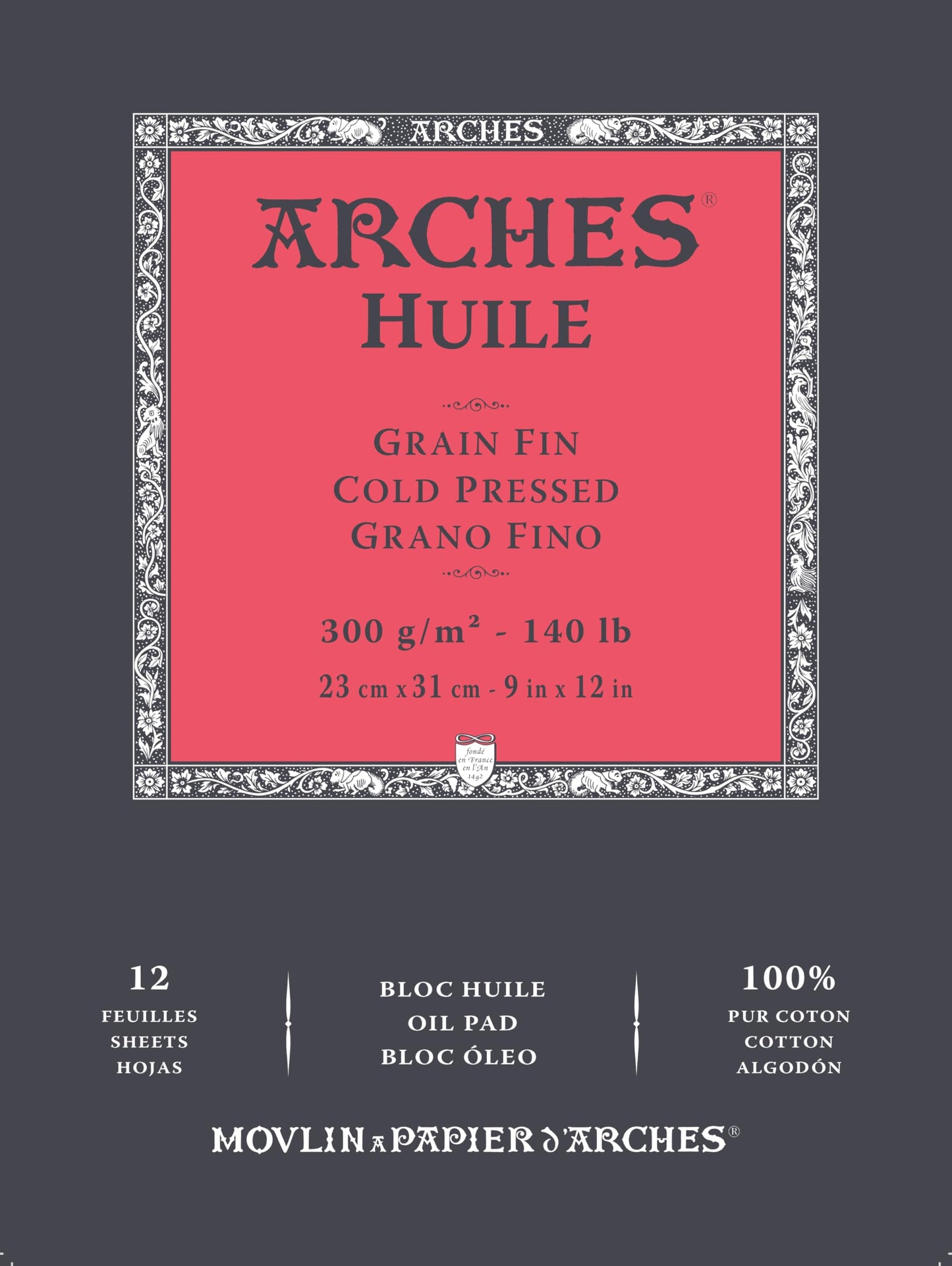Arches Huile Oil Pad, Cold Pressed, 140lb/300gsm, 12 Sheet, 9x12 inch, Arches Oil Paper 100% Cotton