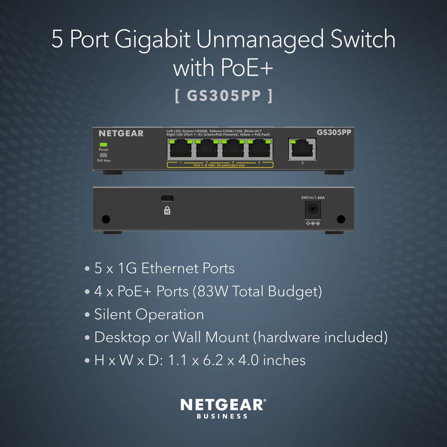 NETGEAR 5-Port Gigabit Ethernet Unmanaged PoE Switch (GS305PP) - with 4 x PoE+ @ 83W, Desktop or Wall Mount
