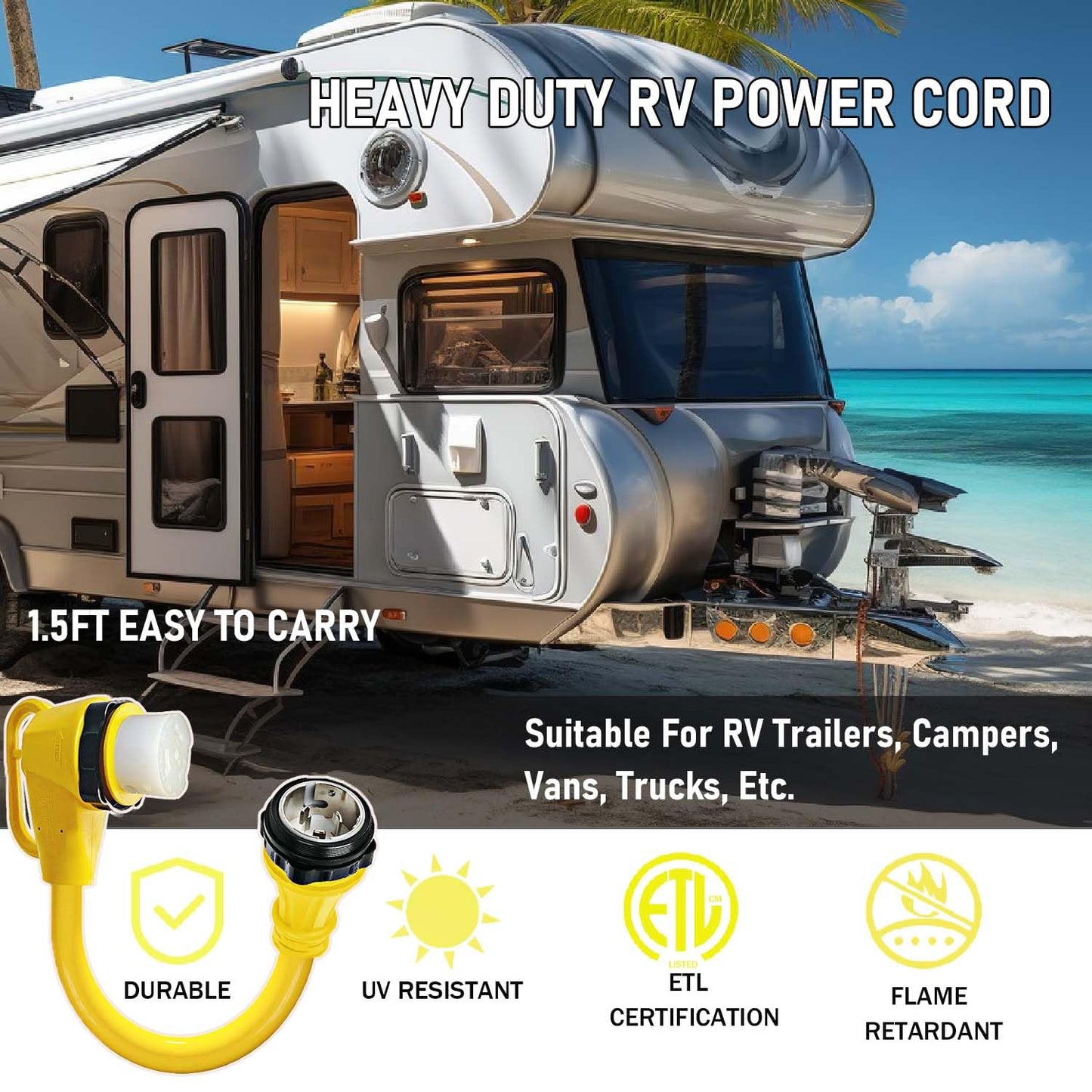 90 Degree 50 Amp RV Twist Lock Plug, NEMA SS2-50P to SS2-50R RV Adapter, 1.5ft Heavy Duty Extension Cord Adapter with 50Amp Power Locking Male and 50 Amp 90 Degree Locking Female Ends, Yellow