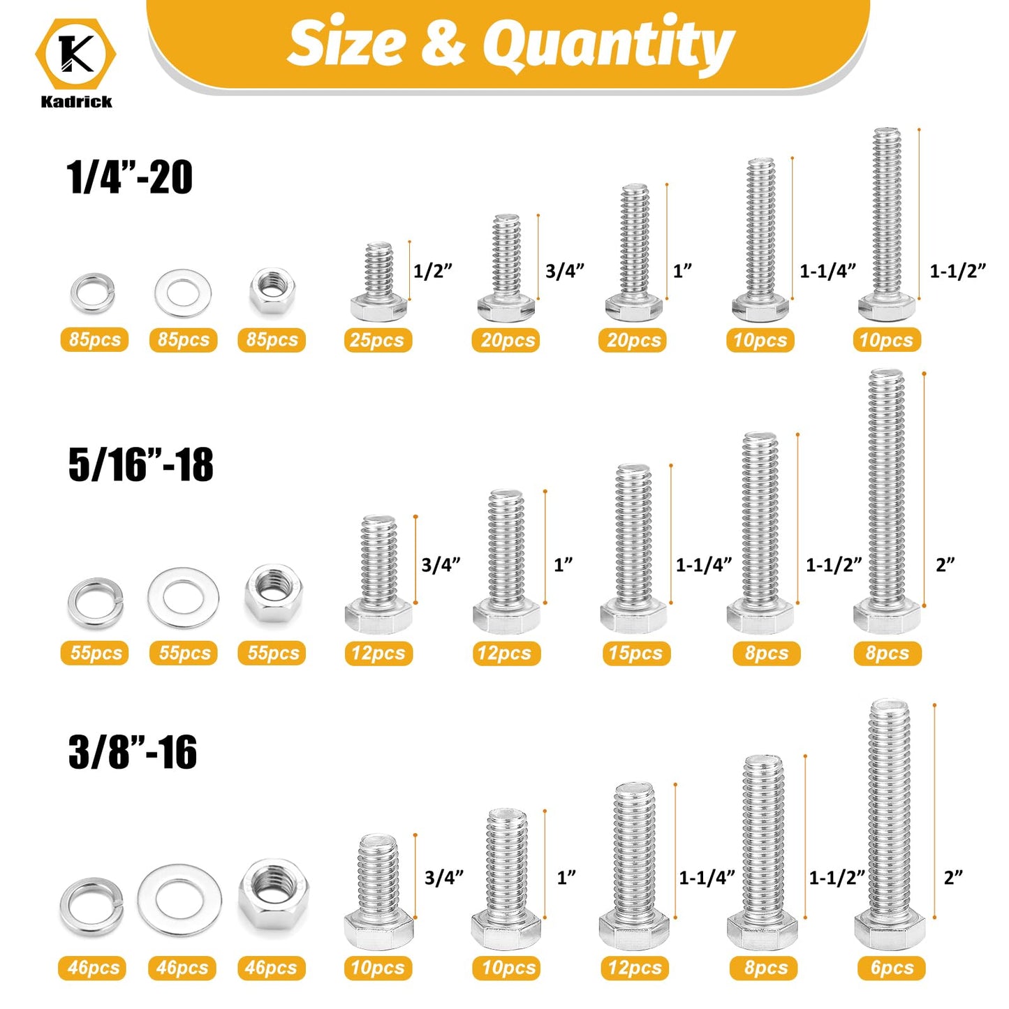 Kadrick 744Pcs 18-8(304) Stainless Steel Hex Bolts Assortment,1/4-20 5/16-18 3/8-16 Heavy Duty Bolts and Nuts Kit, Assorted SAE Bolts Nuts Flat&Lock Washers,Lenth Form 1/2''-2''