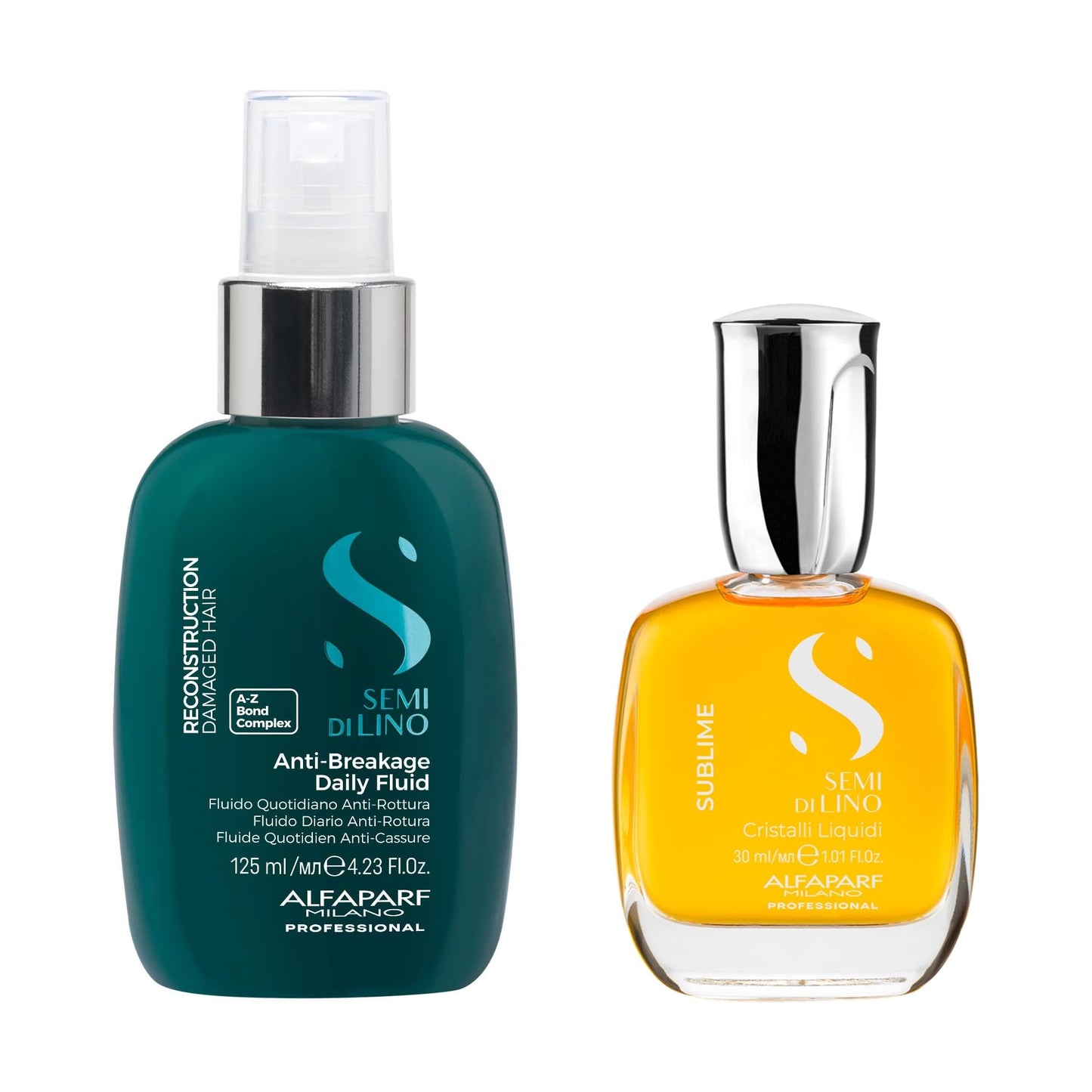 Alfaparf Milano Semi di Lino Cristalli Liquidi Hair Oil Serum and Reparative Anti-Breakage Fluid Set for Damaged Hair - Heat Protector - Repairs, Strengthens, Adds Shine - Vegan Formula