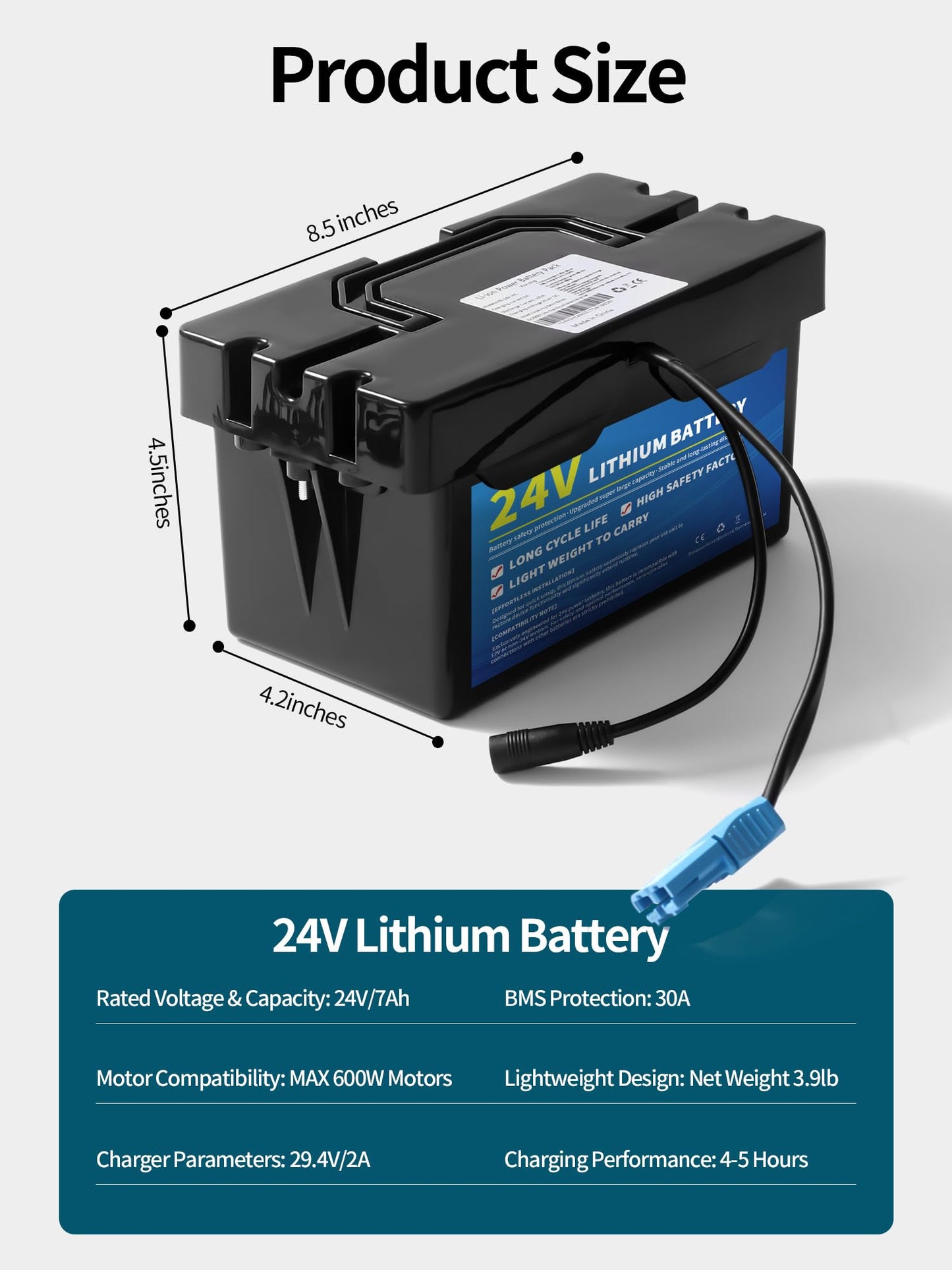24V 7Ah Lithium Battery for Power Wheels, 24 Volt Replacement Battery for Ride-On Cars & Toys, Lightweight and Long-Lasting, 2A Fast Charger
