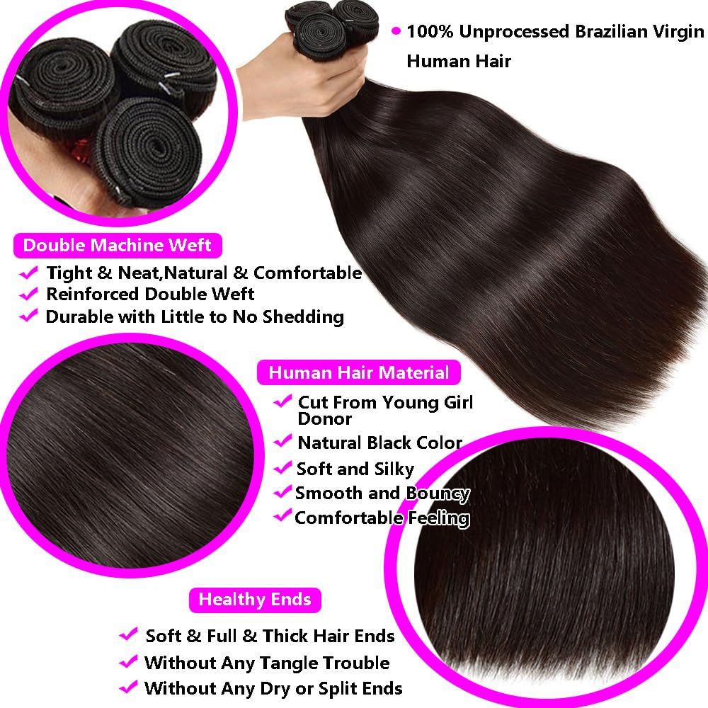 Straight Human Hair Bundles 12A Brazilian Human Hair 3 Bundles 100% Unprocessed Virgin Human Hair Weave Bundles for Black Women Straight Bundles Human Hair Extensions Natural Black Color 20 22 24 Inch