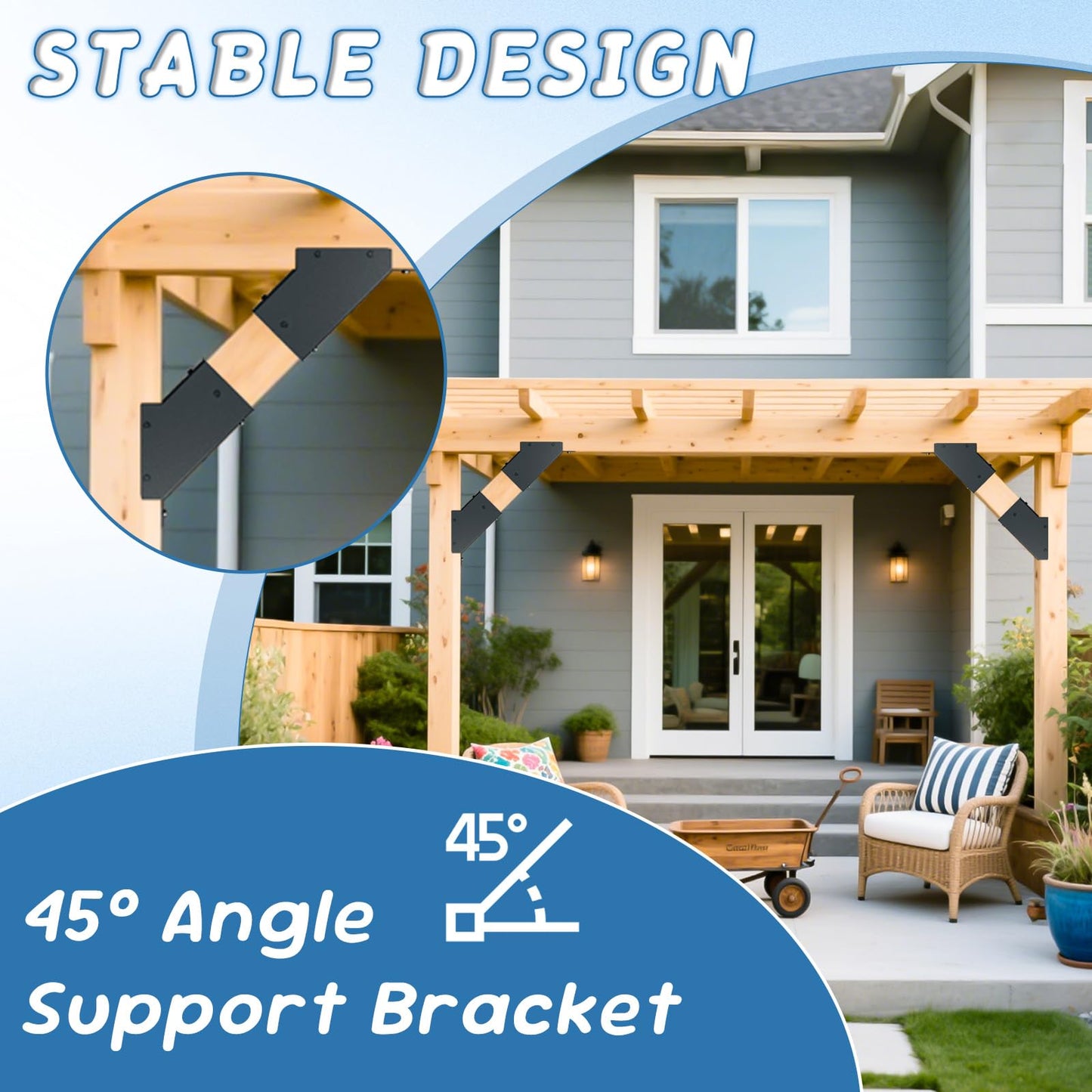 8 Pcs Pergola Brackets, 45-Degree Angle Bracket,4x4 (Actual 3.6‘’x3.6‘’) Corner Support Brackets, Pergola Kit for Gazebo, Deck Porch, Trellis Support Bracket Kit (Black).