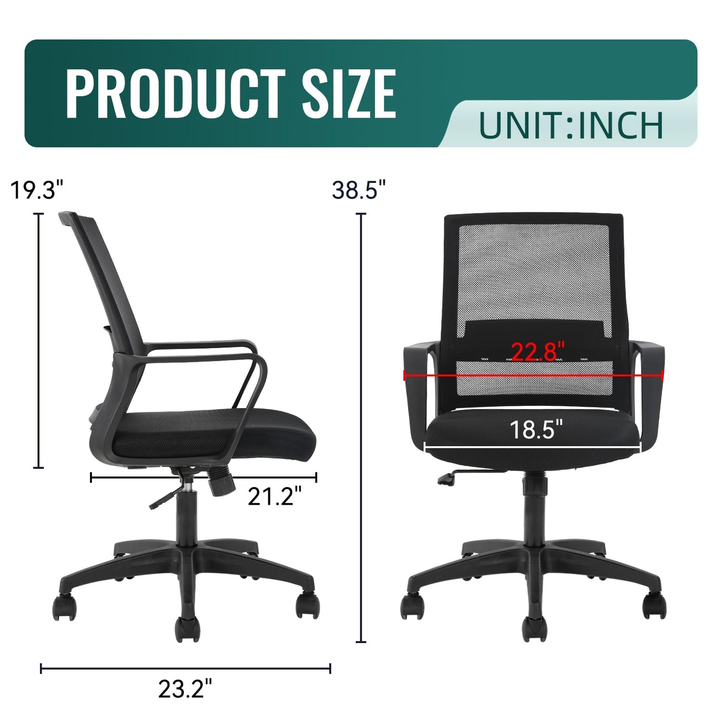 FDW Office Chair Ergonomic Desk Chair Mid-Back Mesh Computer Chair Lumbar Support Comfortable Executive Adjustable Rolling Swivel Task Chair with Armrests,Black