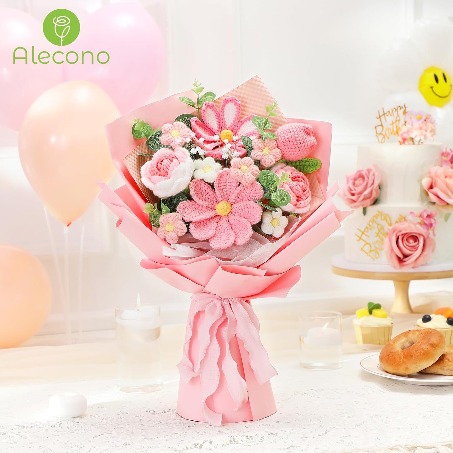 Alecono Crochet Flower Bouquet, Pink Knitted Flowers, Crochet Tulip Galsang Flower for Lover Anniversary Birthday Party Mother's Day Graduation Gifts (Include Card)