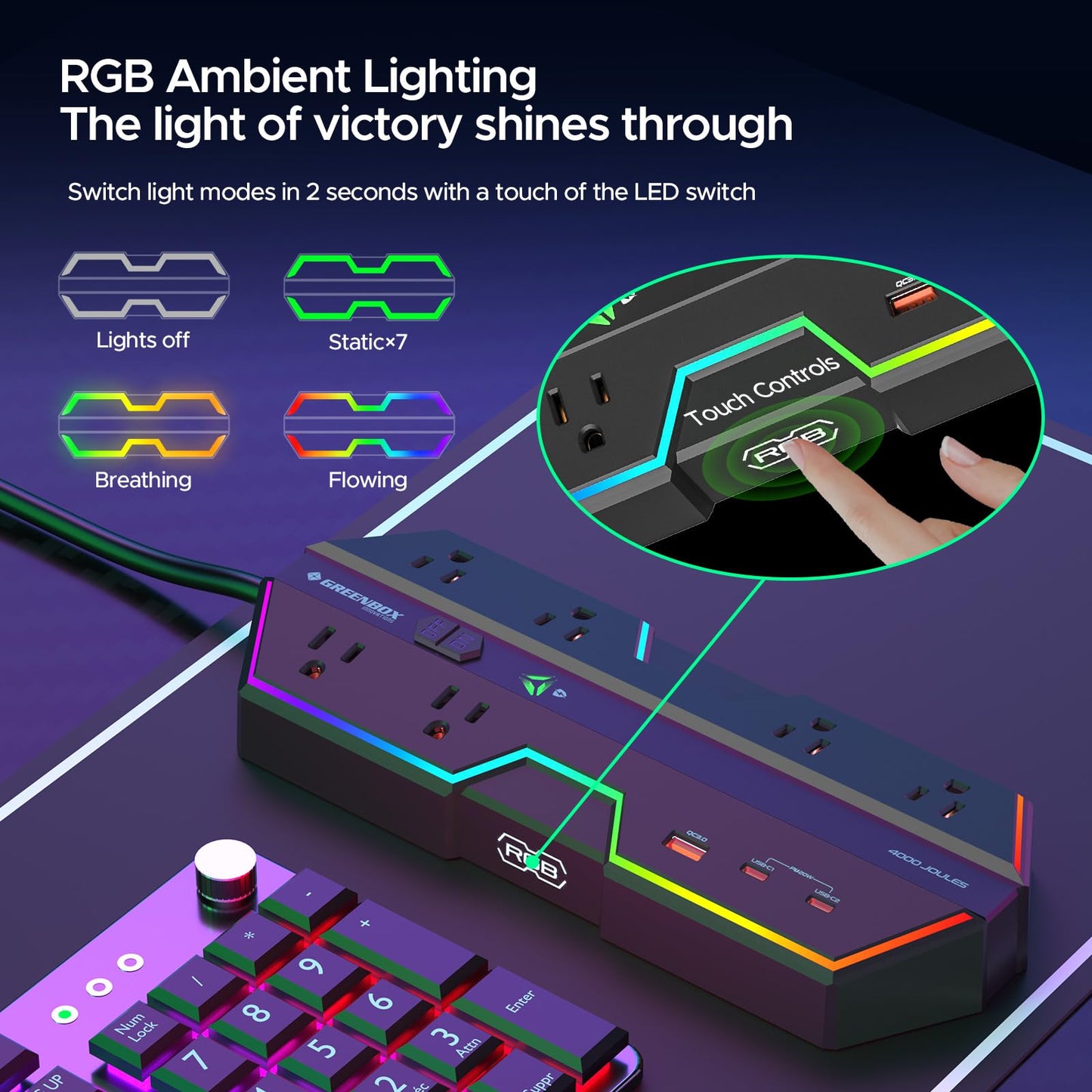 4000J Surge Protector Power Strip with USB Ports, 6 Outlet Power Strip with RGB Lights and PD 20W Fast Charging, Wide-Spaced Outlet Perfect for e-Sports, Game PC, Home and Offices