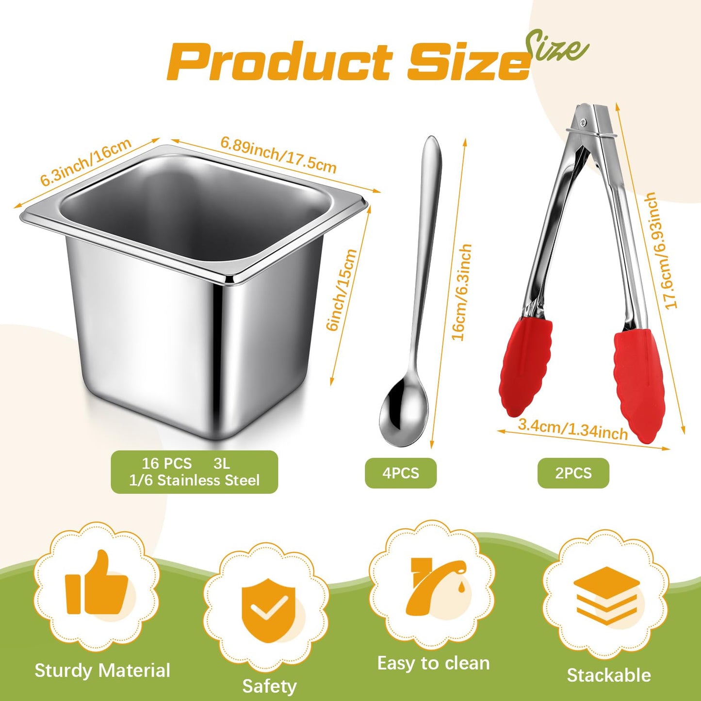 Rtteri 16 Pack 1/6 Stainless Steel Pans with Lid and 2 Tongs, 4 Spoons 6 Inch Deep Hotel Pans Catering Food Storage Containers for Commercial Steam Table Hotel Restaurant Buffet Supplies