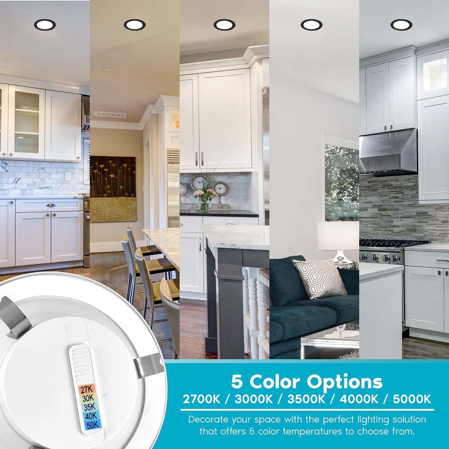 LUXRITE 4 Inch LED Recessed Can Lights, 10W=60W, CCT Color Selectable 2700K | 3000K | 3500K | 4000K | 5000K, Dimmable Retrofit Downlights, 750 Lumens, Energy Star, Wet Rated, Black Trim (4 Pack)
