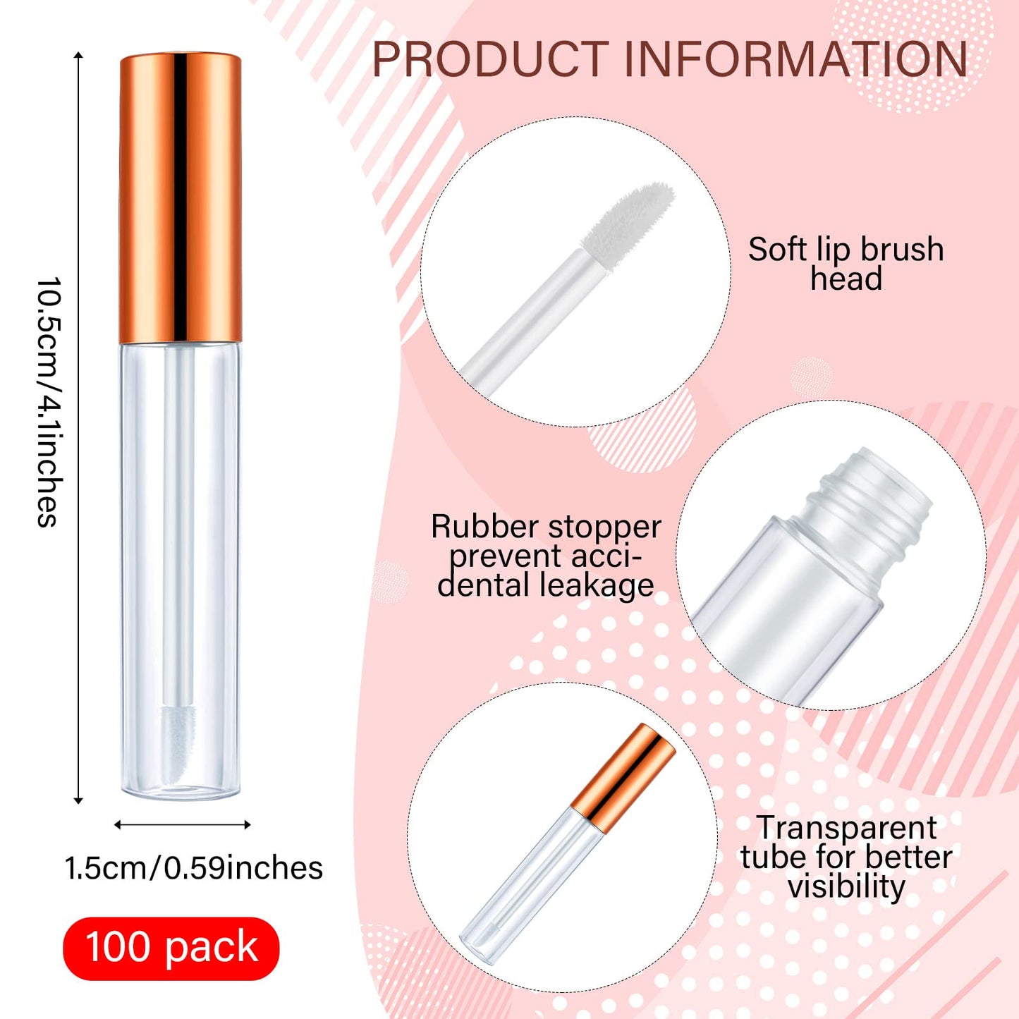 Nuanchu 100 Pcs 10 ml Empty Lip Gloss Tubes Clear Mini Refillable Lip Balm Gloss Containers Bottles Plastic Lip Gloss Containers Lip Gloss Tubes with Wand and Rubber Inserts DIY Makeup (Rose Gold)