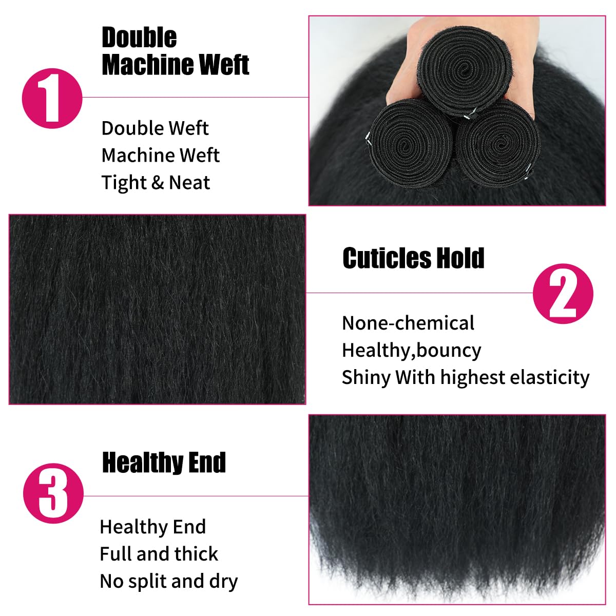 14 16 18 Kinky Straight Bundles Human Hair Yaki Straight Human Hair 3 Bundles 100% Unprocessed Brazilian Virgin Remy Hair Yaki Straight Bundles For Black Women Natural Black Color