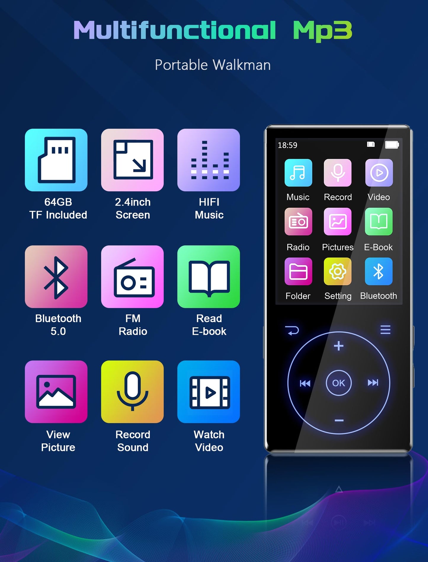 96GB MP3 Player with Bluetooth 5.0: Portable Lossless Sound Music Player with HD Speaker,2.4" Screen Voice Recorder,FM Radio,Touch Buttons,Support up to 64GB for Sport(Earphones&64GB TF Card Included)