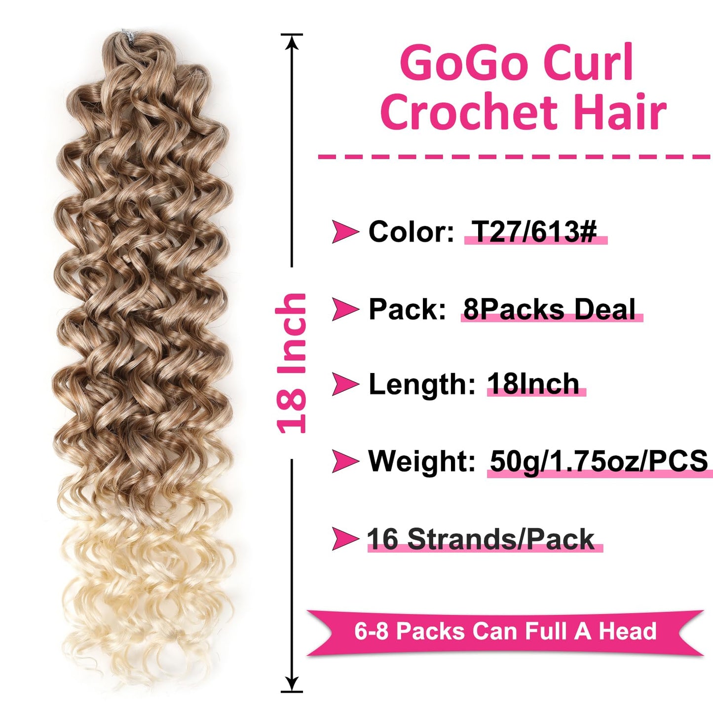 Unionbeauty 8 Pack GoGo Curl Crochet Hair Ocean Wave 18 Inch Water Wave Crochet Hair for Women Beach Curl Curly Crochet Hair Ombre Blonde Synthetic Curly Braiding Hair Extension T27/613#