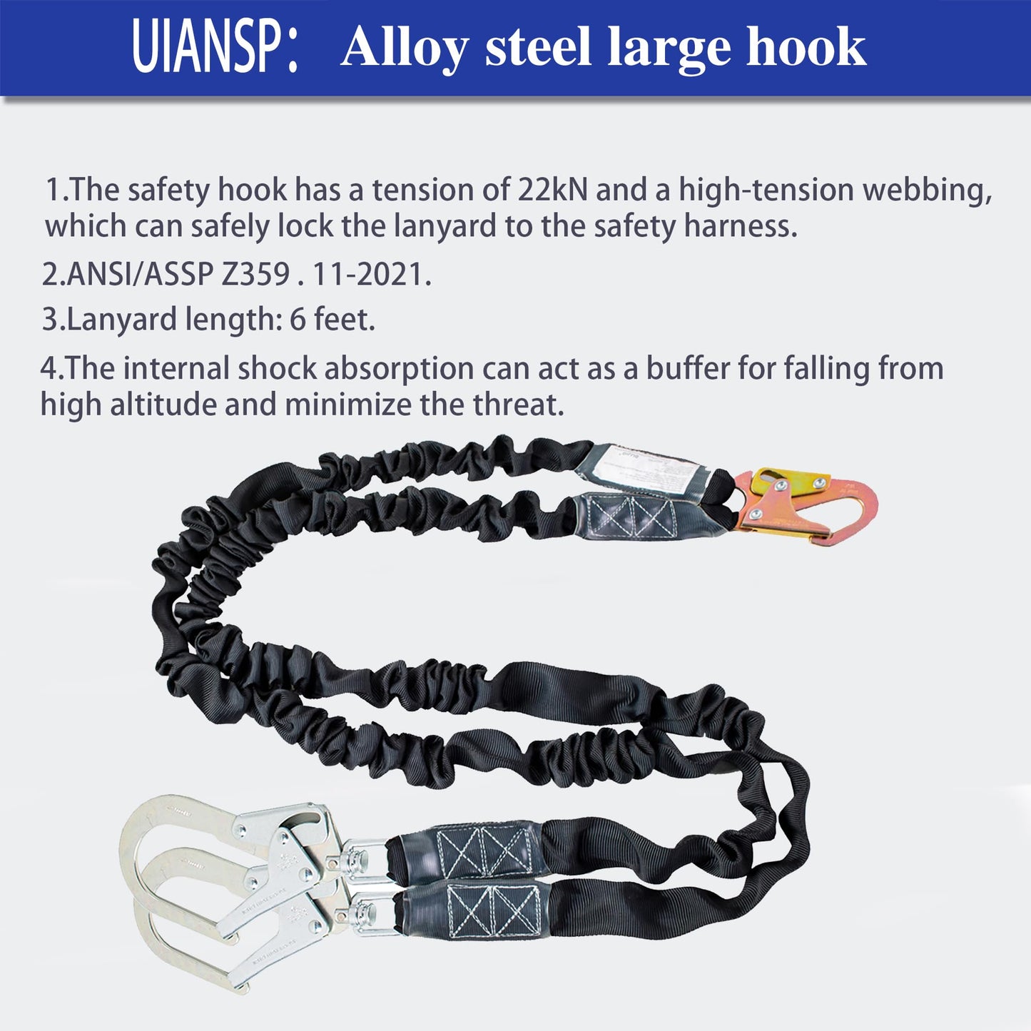 6ft Safety Harness Lanyard Double Leg Internal Shock Absorbing Safety Fall Protection Lanyard with Rope Harness Safety Lanyard Dual Rebar & Snap Hook Roofer Fall Protection Equipment(Alloy Steel)
