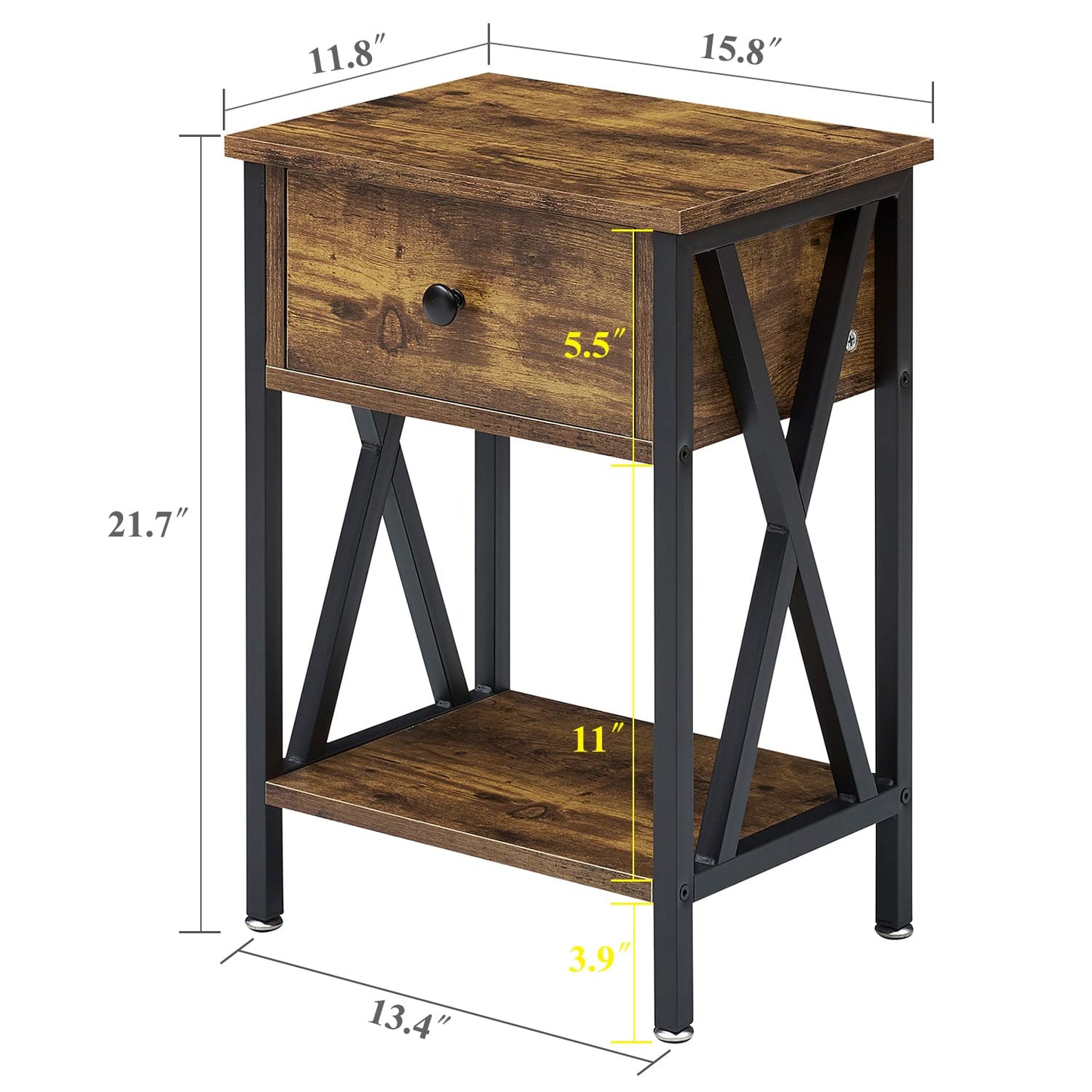 VECELO Nightstands Set of 2, Modern Bedside End Tables, Night Stands with Drawer and Storage Shelf for Living Room Bedroom, Industrial Metal Frame