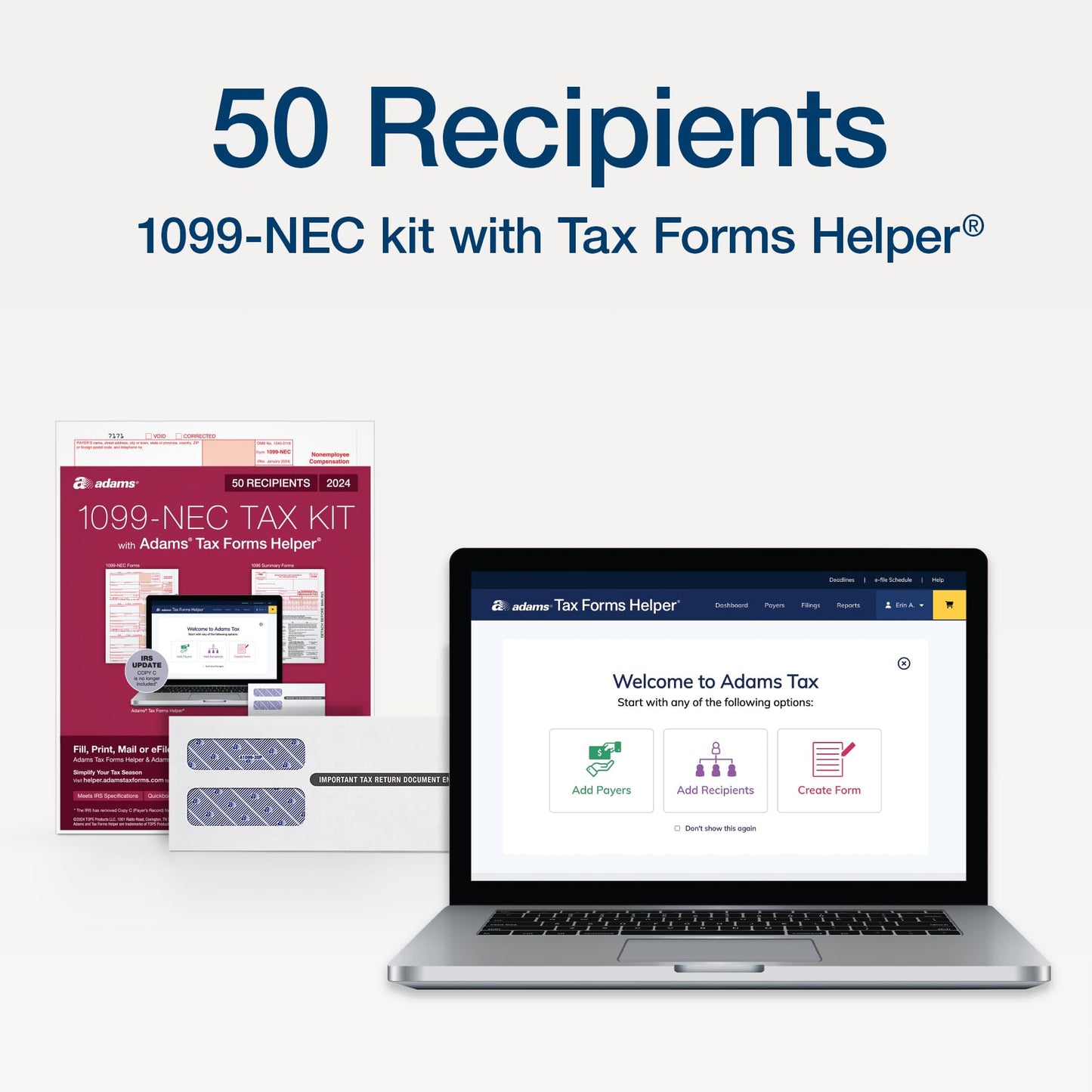 Adams 2024 1099 NEC Tax Forms Kit for 50 Recipients, 3-Part 1099 Forms, 6 1096 Forms, Self Seal Envelopes, Access to Adams Tax Forms Helper (1009315)