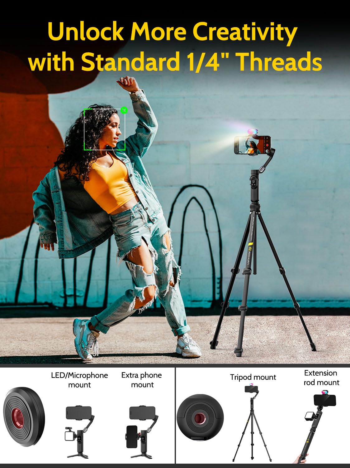 AOCHUAN 3-Axis Gimbal Stabilizer for iPhone & Android w/RGB Light, Handheld Phone Gimbal for Video Recording w/AI Tracking,1/4 Thread, Extendable Tripod, Padded Carry Bag(Smart X Complete Combo1)