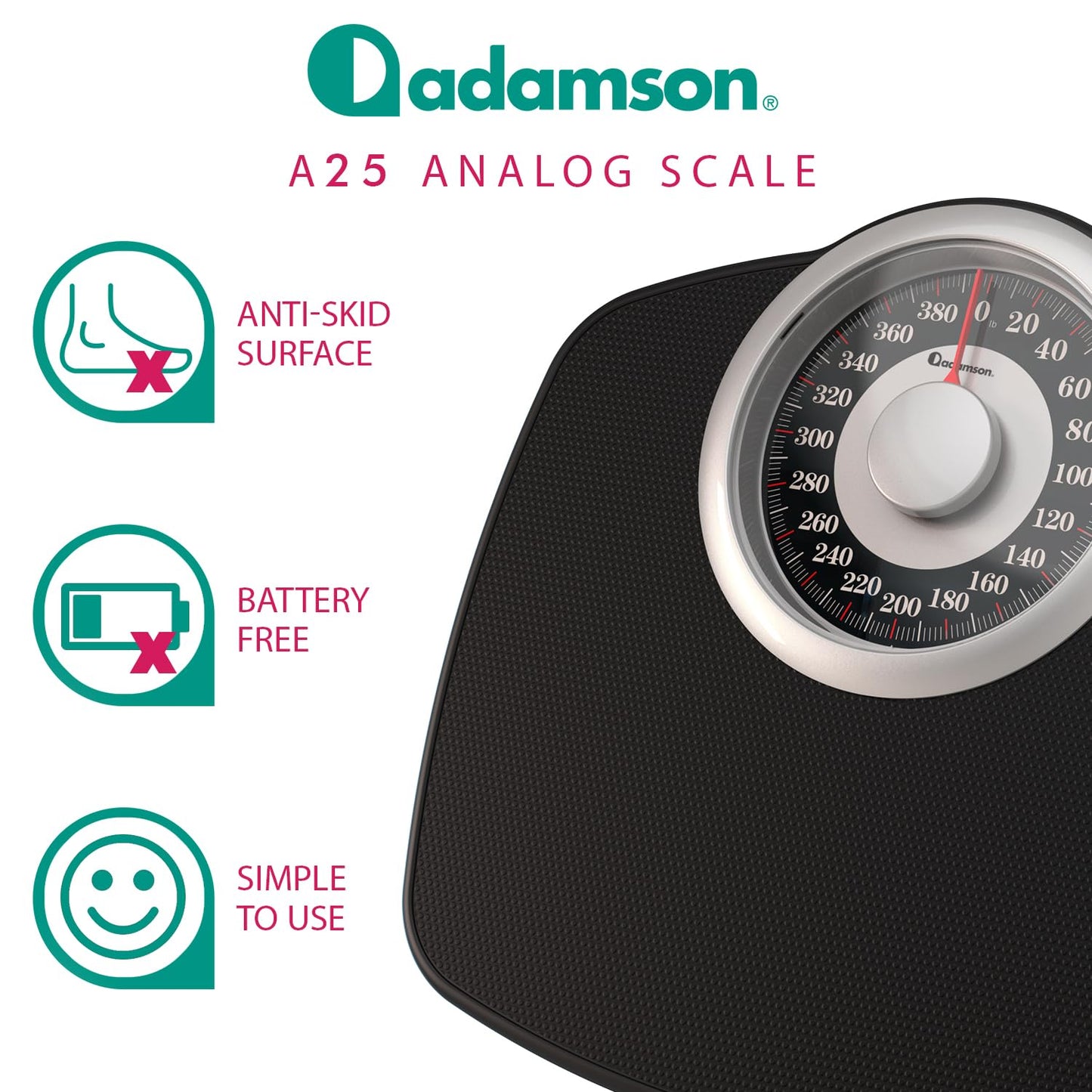 Adamson A25 Scales for Body Weight - Up to 400 LB - New Version - 5.3" Dial on 12.4" x 10.2" Platform - Anti-Skid Rubber Surface - High Precision Bathroom Scale Analog - Durable with 20-Year Assurance