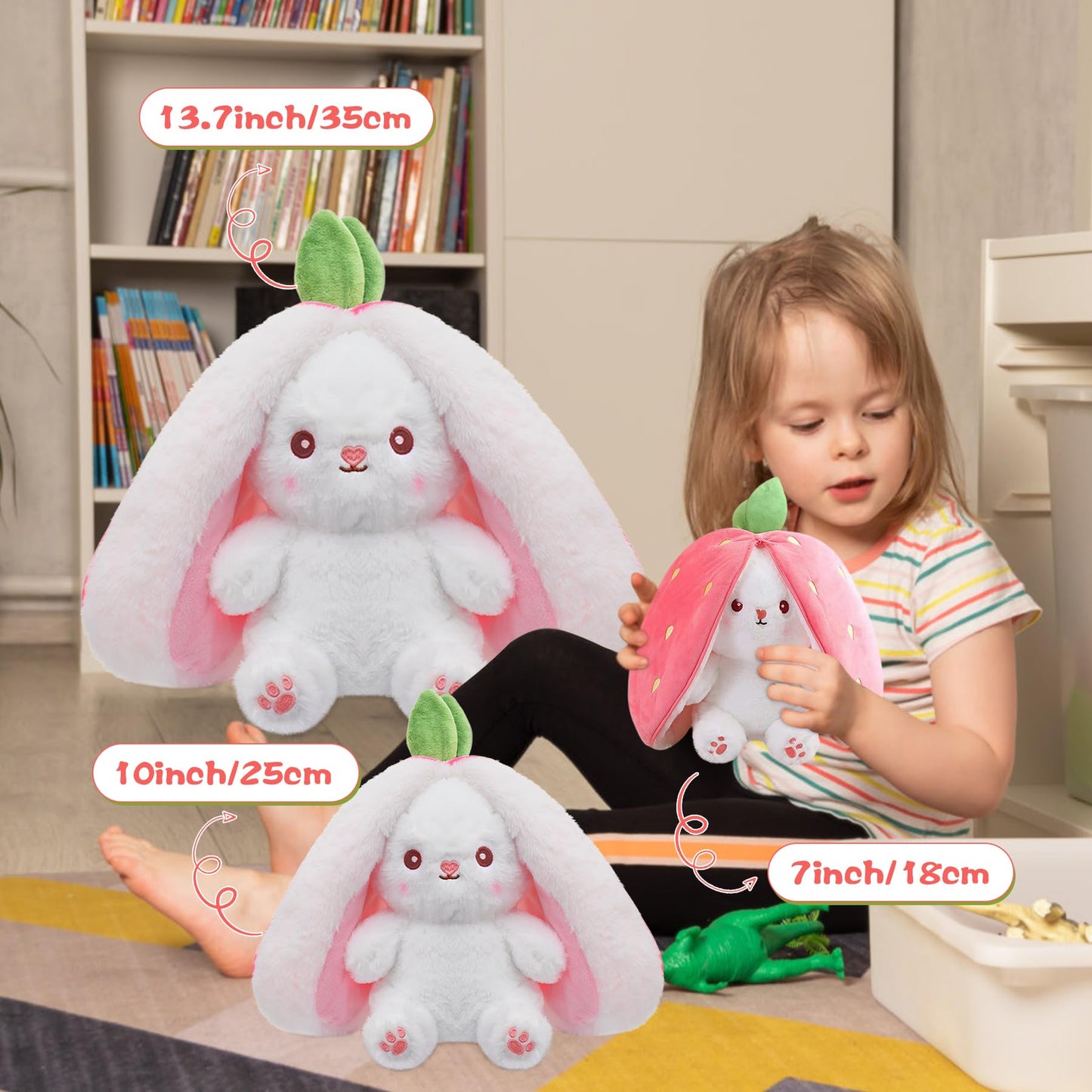 MIAODAM 13.7inch Large Easter Bunny Stuffed Animal, Kawaii Squishy Cute Easter Bunny Plush Turn Into Rabbit Fruit Doll Carrot Strawberry Pillow, Plushies Funny Bunny Toy for Baby Gifts for Girlfriend