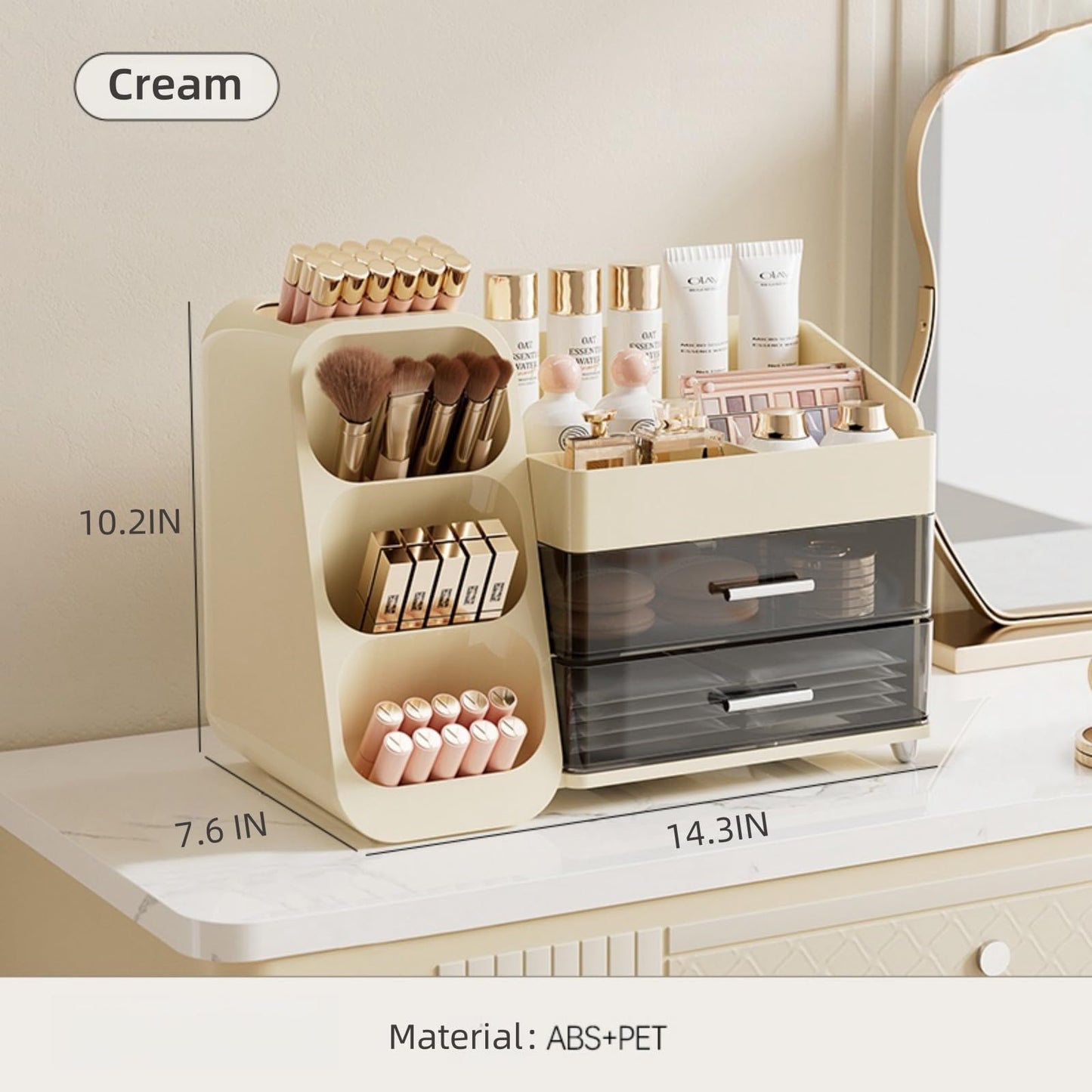 KQJS Makeup Organizer with Drawers,Large Capacity Countertop Organizer for Vanity,Bathroom and Bedroom Desk Cosmetics Organizer,Easy To Storage Skincare,Brushes, Eyeshadow, Lotions, Lipstick (Cream)