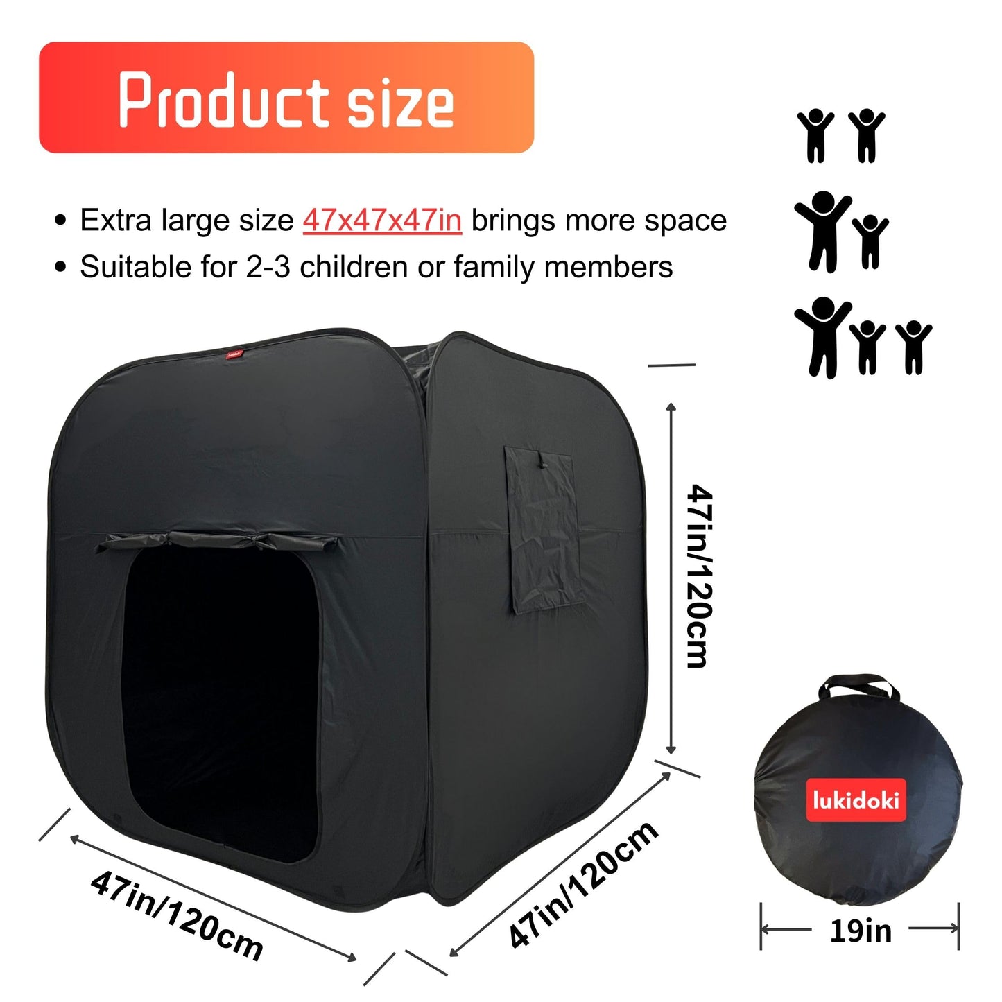 lukidoki Sensory Tent for Kids & Adults with Autism, ADHD, SPD - CPC Certification Extra Big 47x47in Calm Corner Helps Children Relax, Reduce Anxiety - Portable Pop-up Blackout Hideout Play Tent Toys