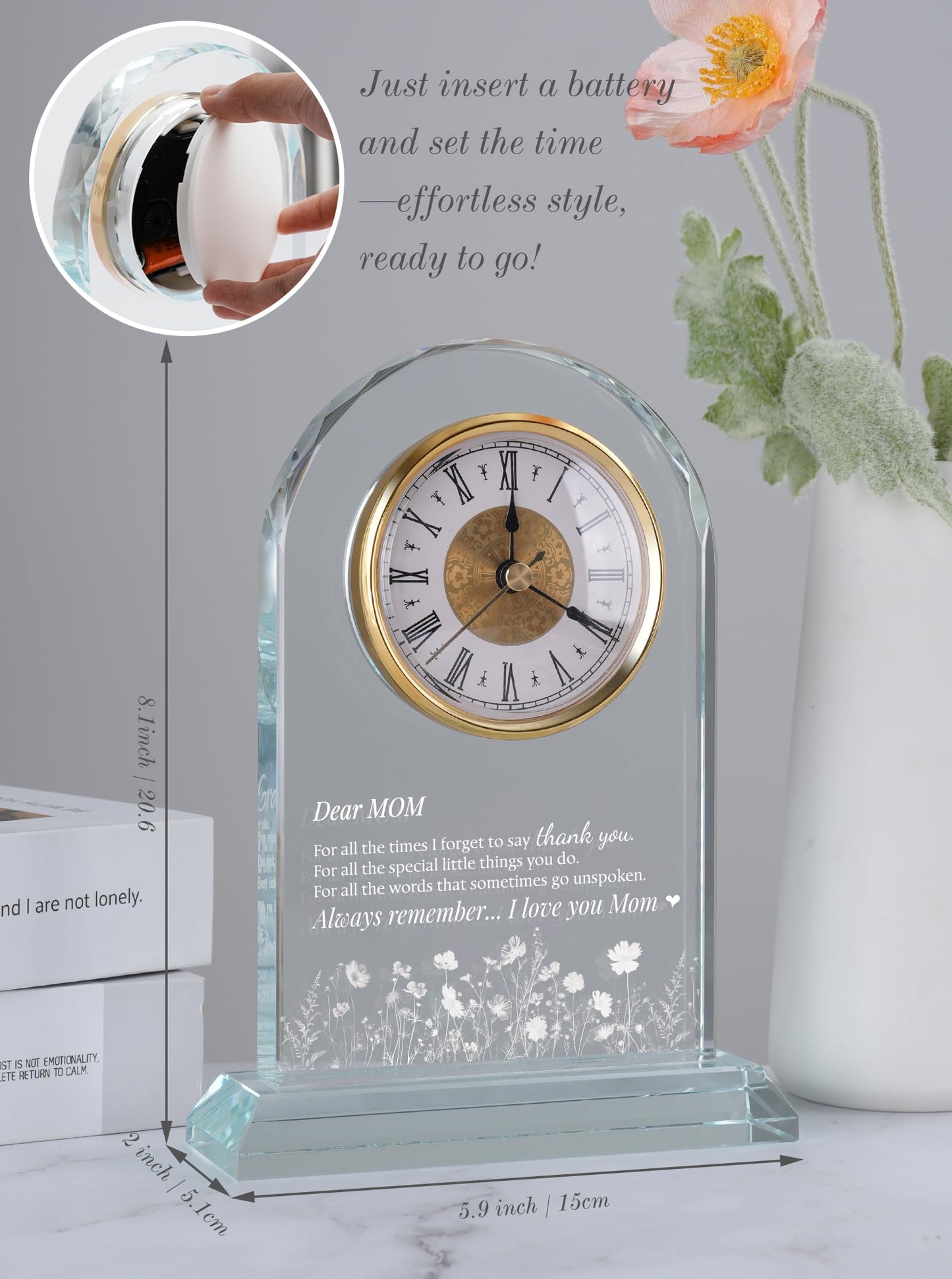 WinTaim Mom Glass Clock Gift from Daughter or Son: Unique Birthday, Christmas, Thanksgiving Blessings, Mother's Day, and Valentine Gifts - Elegant Desk Clock with Base for Mom Who Has Everything