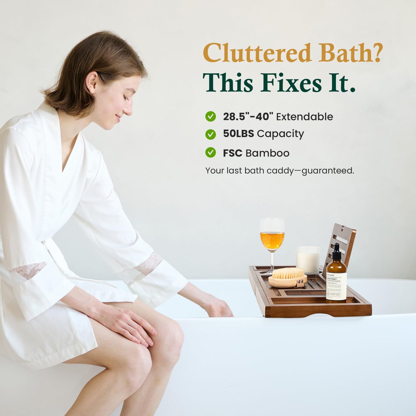 Realgulf Bamboo Bathtub Tray, Bath Caddy with Wine Glass Holder, Phone Dock & Book Stand | Hands-Free Reading & Ultimate Spa Relaxation Experience-Brown
