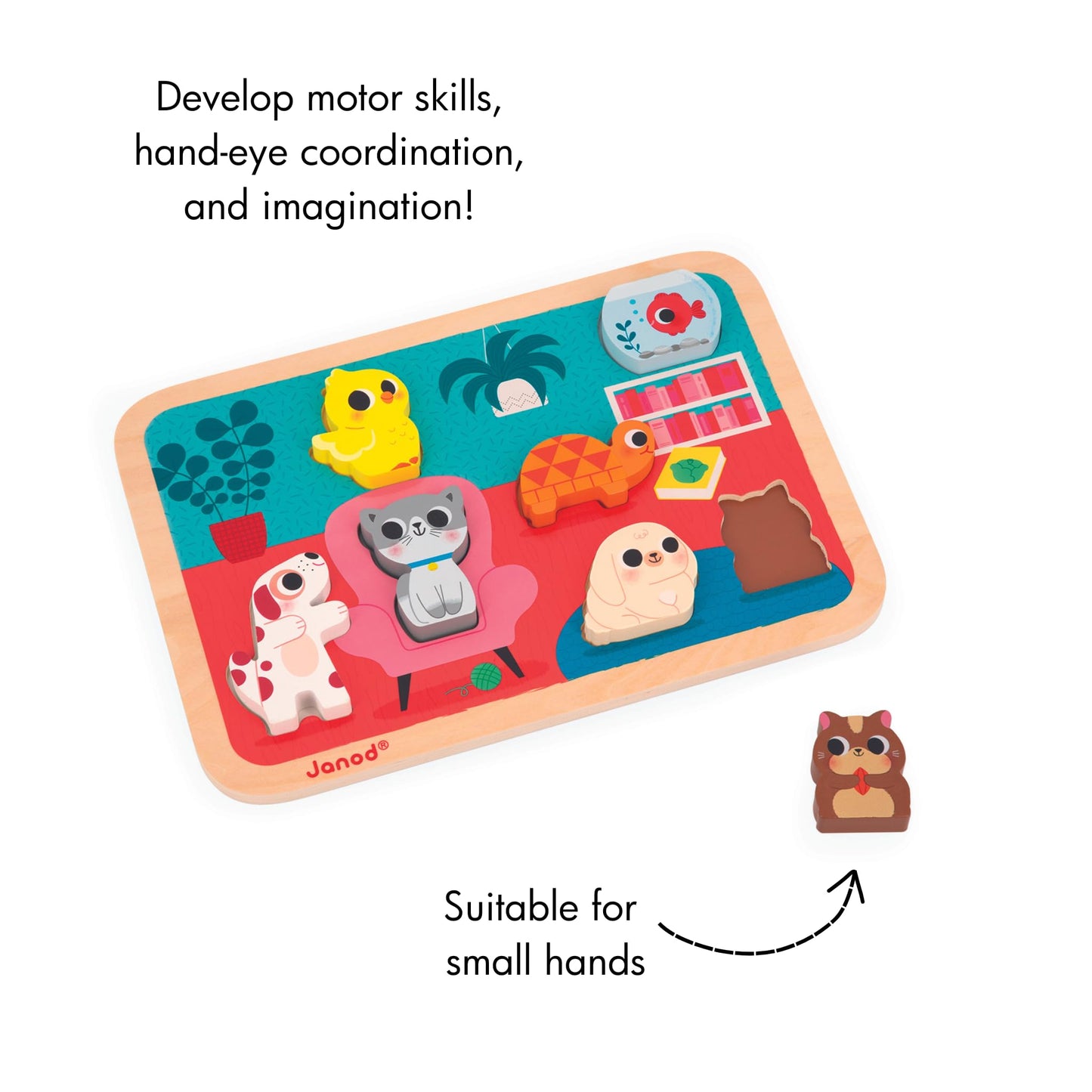Janod - Chunky Puzzle Pets - 7 Animal Pieces - Wood - Early-Learning - Fine Motor Skills - for Toddlers - from 18 Months + - Multilingual - J07122