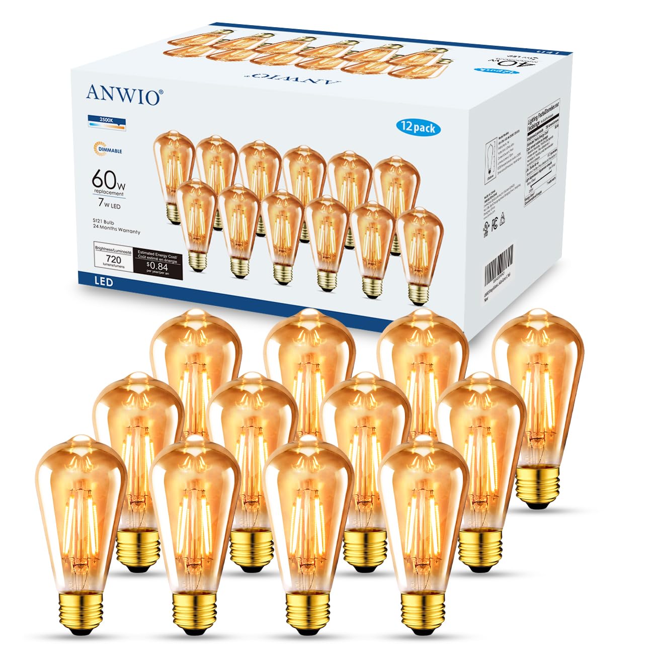 ANWIO Vintage Edison Light Bulb ST21 LED Filament Bulb 7W(60 Watt Equivalent) Dimmable 2500K (Amber Glow) Warm White E26 Medium Base, Amber Glass Cover,12 Pack