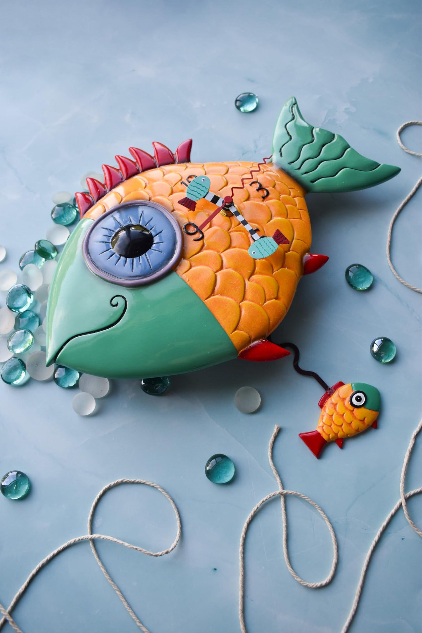 Allen Designs Enesco Wide-Eyed Fishy Sculpted Pendulum Wall Clock, 13.5 Inch, Multicolor