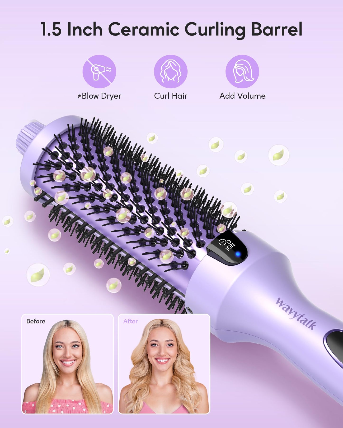 Wavytalk Thermal Brush, 1.5 inch Heated Round Brush for Blowout Look, Negative Ion Technology, Ceramic Tourmaline, 5 Temperature Settings, Dual Voltage, Purple, Less Damage
