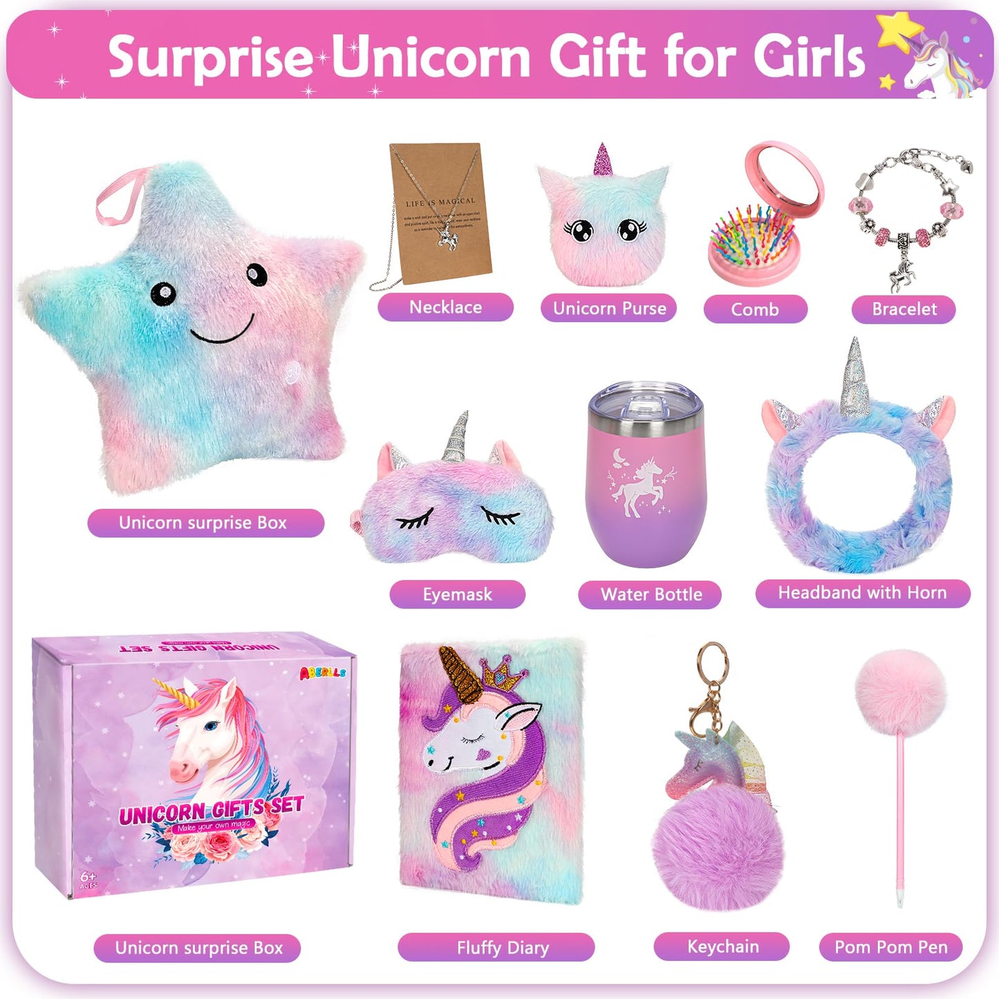 Unicorn Gifts for 5 6 7 8 9 10 Year Old Girls Kids Toys Set for Teen Girls Birthday Christmas Gifts Unicorn Toys with Star Pillow