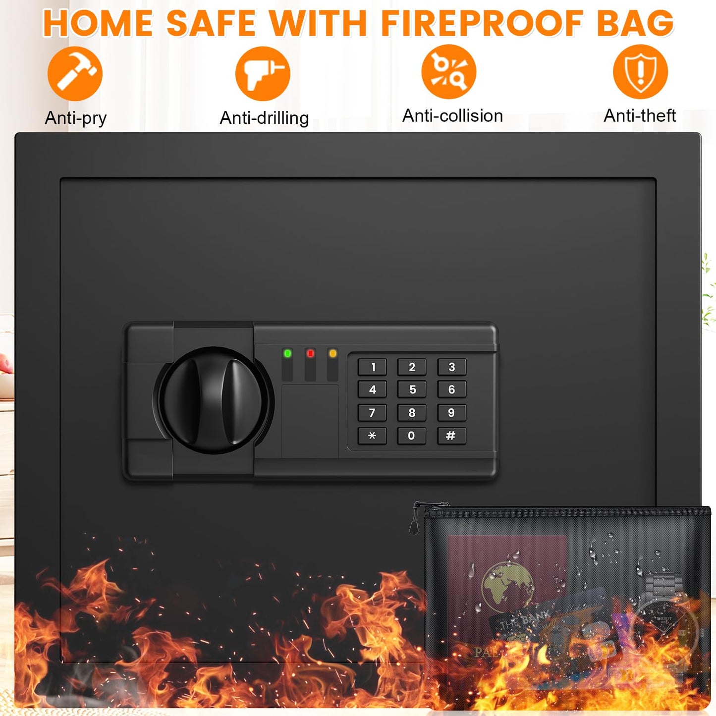 2.0 Cuft Safes for Home, Fireproof Safe Box, Home Safes Fireproof Waterproof with Electronic Keypad & Fire Proof Bag, Removable Shelf, Smart Alert, Safe Box for Home Documents Money Medicine