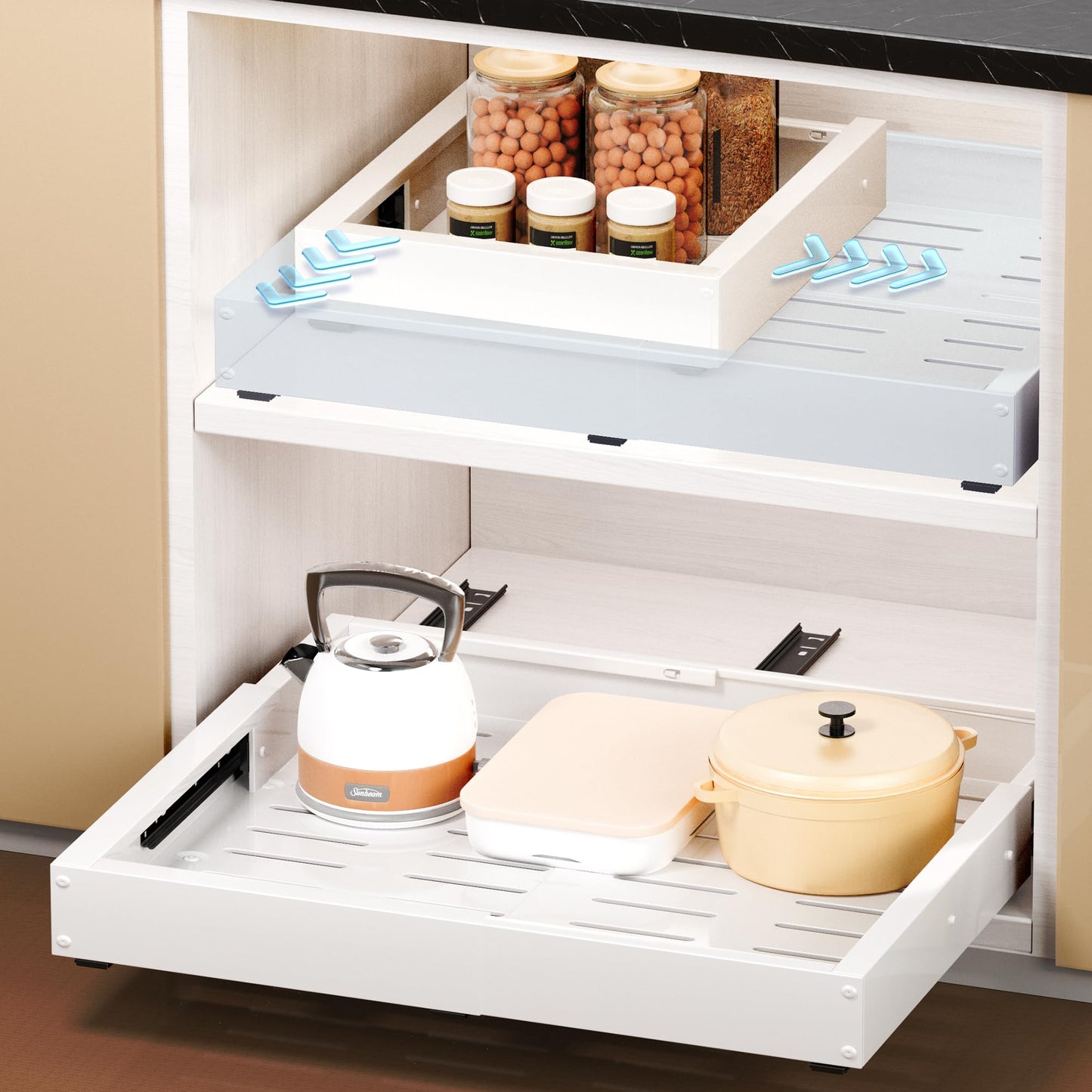 Makfoner 2 Pcs Pull Out Cabinet Organizers, Width (12"-19") and Depth (17"-23") Expandable With 3 Slides, No Drill Slide out Drawers Adhesive Film or Nail Cabinets Without Lip in Kitchen, Bathroom