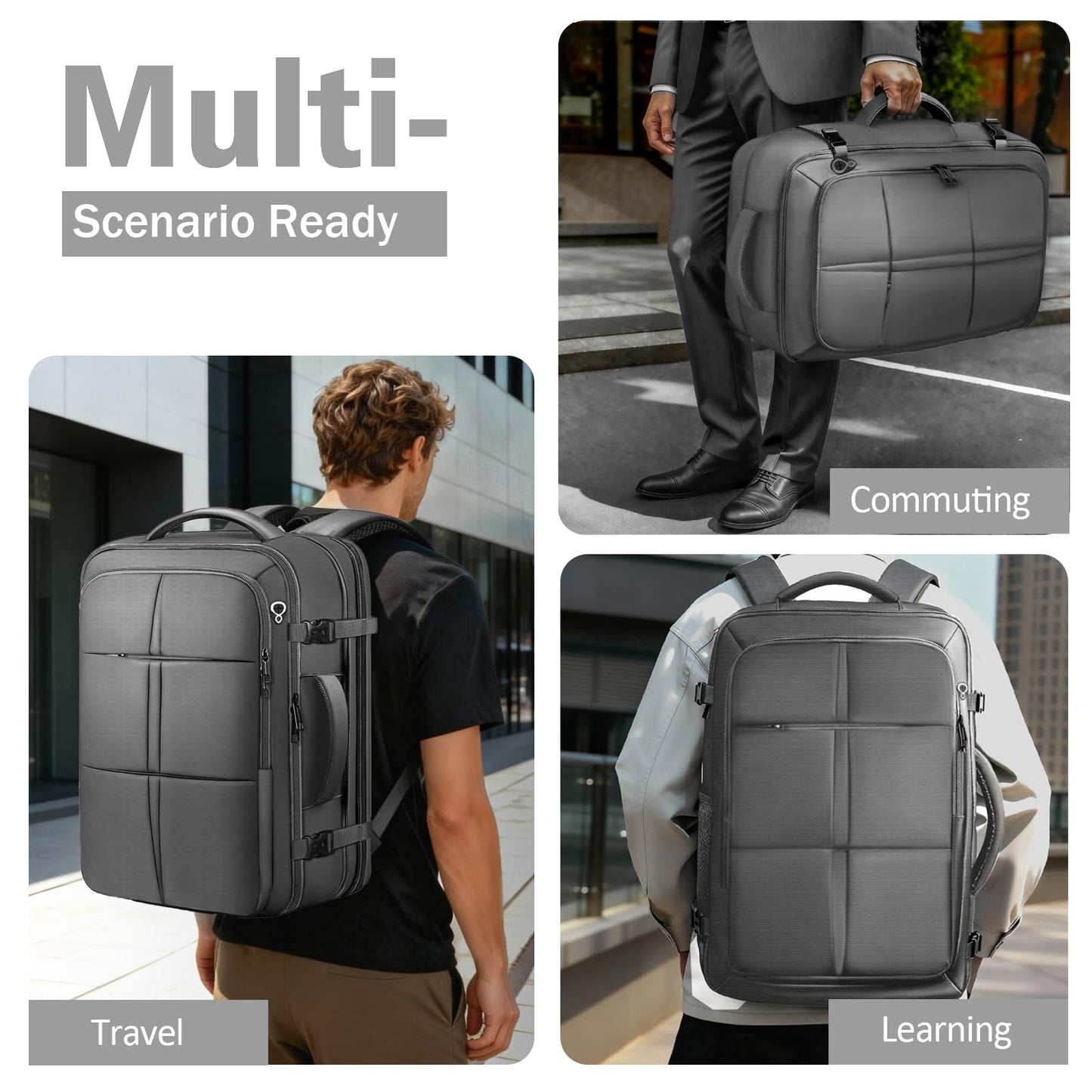 tazbuzo Travel Backpack, Extra Large 50L Flight Approved Carry on Backpack, Expandable Waterproof Business Suitcase Daypack Big Bag Fits 18.4 Inch Laptop, Grey