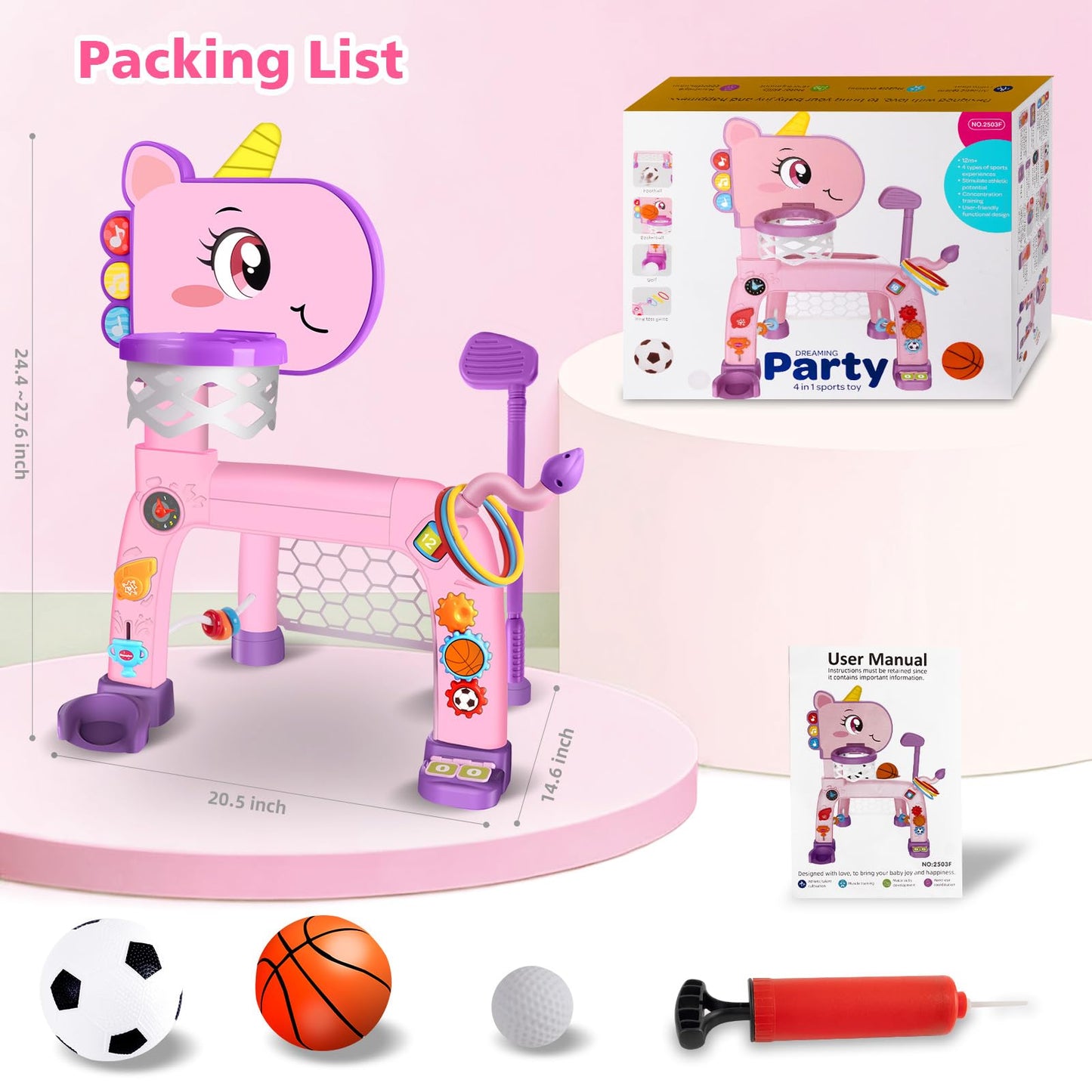 basketball hoop for kids soccer goal golf toy and ring Toss baby toys for 1 2 3 year old girls sports toys for kids with light and music unicorn toy