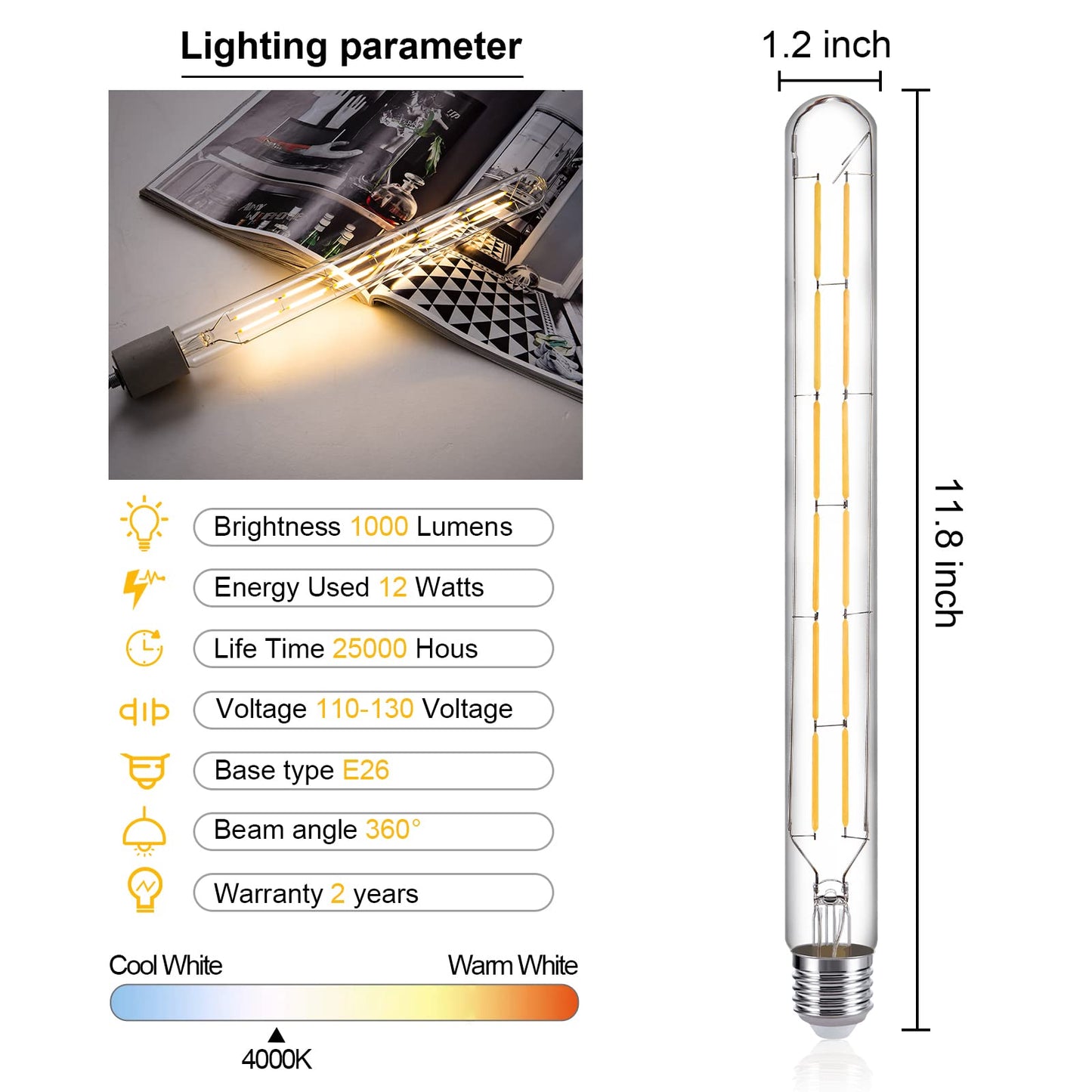 TIANSHQ LED Tube Bulbs,T10 Tubular Edison Style LED Filament Bulb, 12W Dimmable Antique LED Bulb,E26 Base,Clear Glass,4000K Daylight,1000LM(75-100W Equivalent),11.8in,6Pack