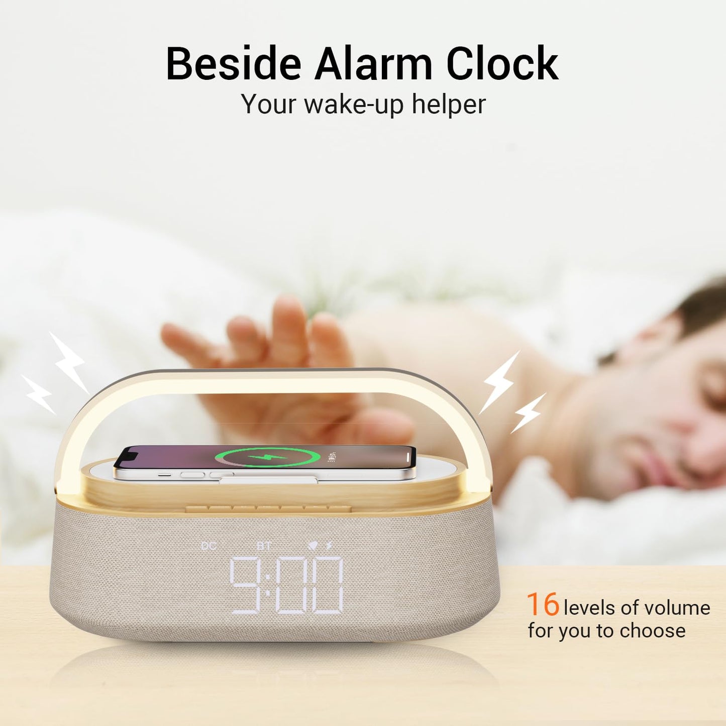 FREEFISH Bluetooth Speaker with Wireless Charger, FM Radio, Adjustable LED Night Light, Dual Wireless Speakers, Suitable for Home Decoration, Bedroom, Office, Gift(Wooden)