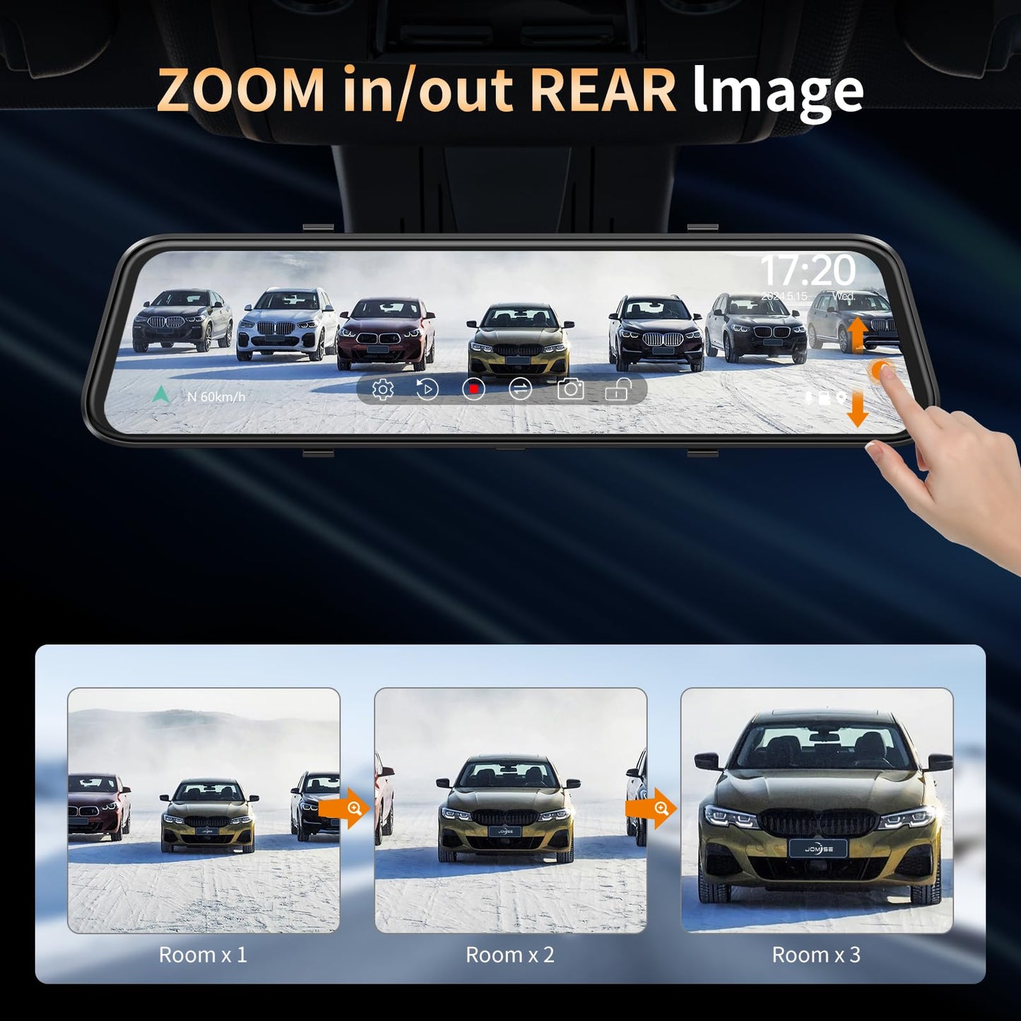 2.5K Mirror Dash Cam with Carplay Mirror & Android Auto, Dash Cam Front and Rear with Zoom Function,12 inches Rear View Mirror Camera with Voice Control/BT Call/64GB Card Included-JOMISE K17 Pro