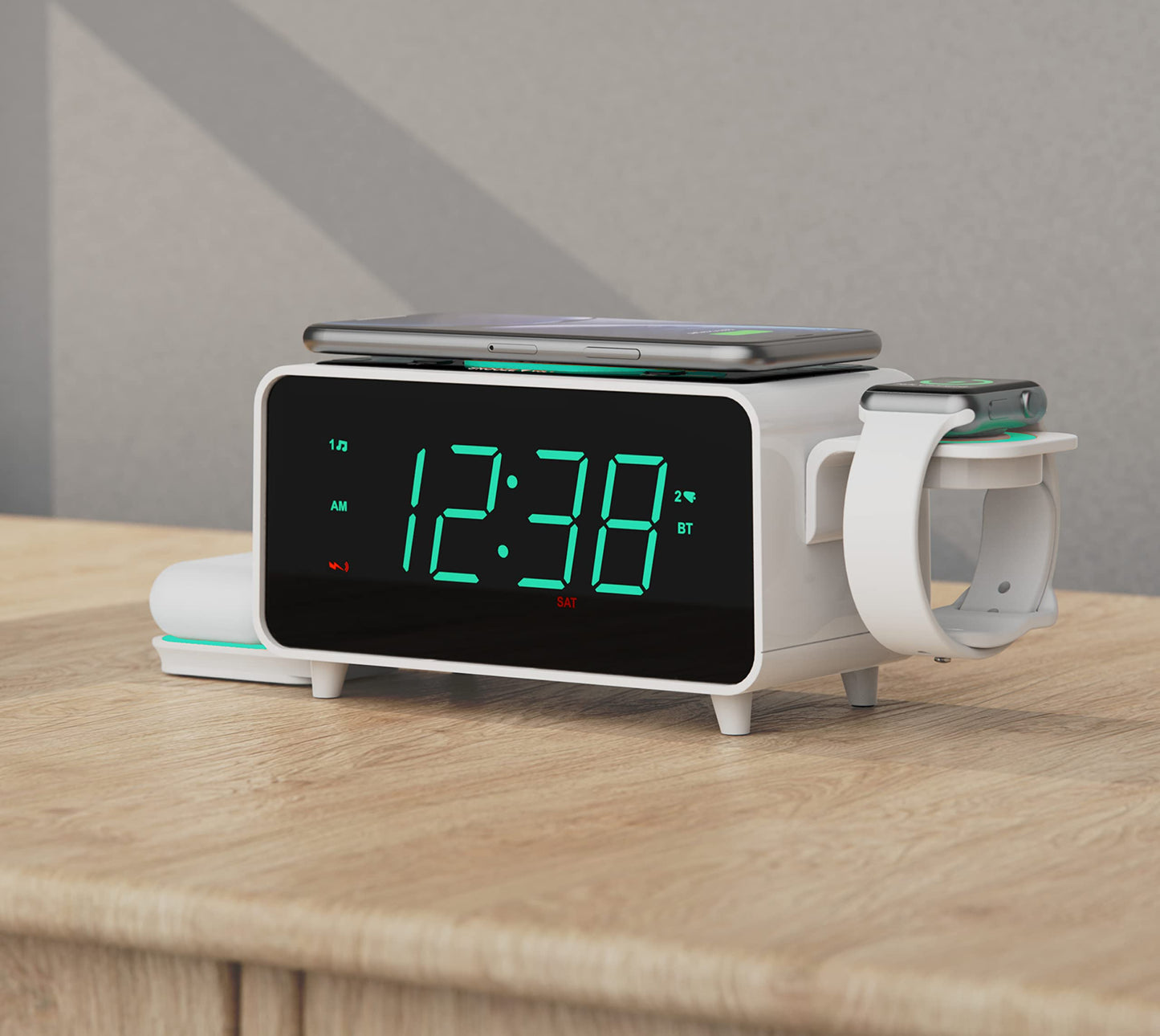 Emerson Smartset Dual Alarm Clock FM Radio with Wireless Charging, Bluetooth Speaker, Ultra Fast Charging for Airpods/iPhone, Foldable Stand, USB Charger, Adjustable LED Glow, ER100501