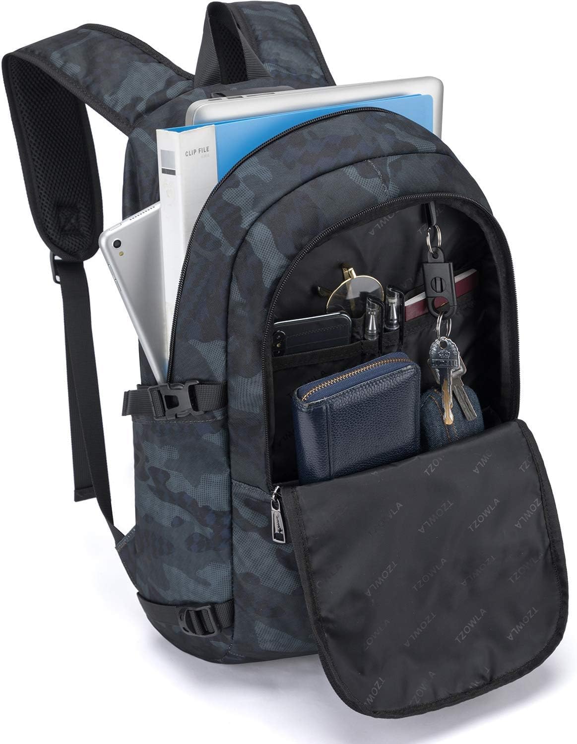 Tzowla Business Laptop Backpack Water Resistant Anti-Theft Backpack with USB Charging Port and Lock 17.3 Inch Computer Backpacks for Women Men, Casual Hiking Travel Daypack (Navy Blue Camo)