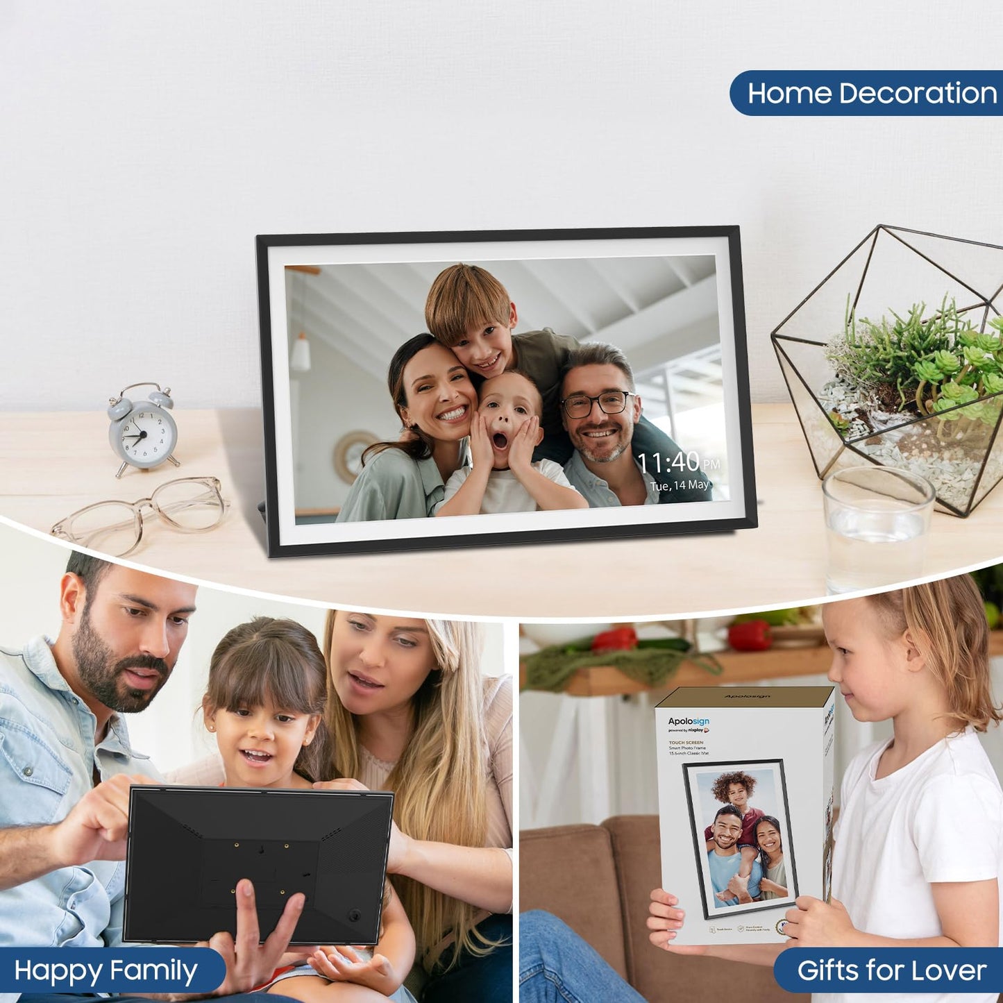 ApoloSign Digital Picture Frame Powered by Nixplay, 15.6" Large WiFi Digital Photo Frame, Easy to Share Photos/Videos via Nixplay App, 1920x1080 FHD IPS Touch Screen, Auto-Rotate, Free Cloud Storage
