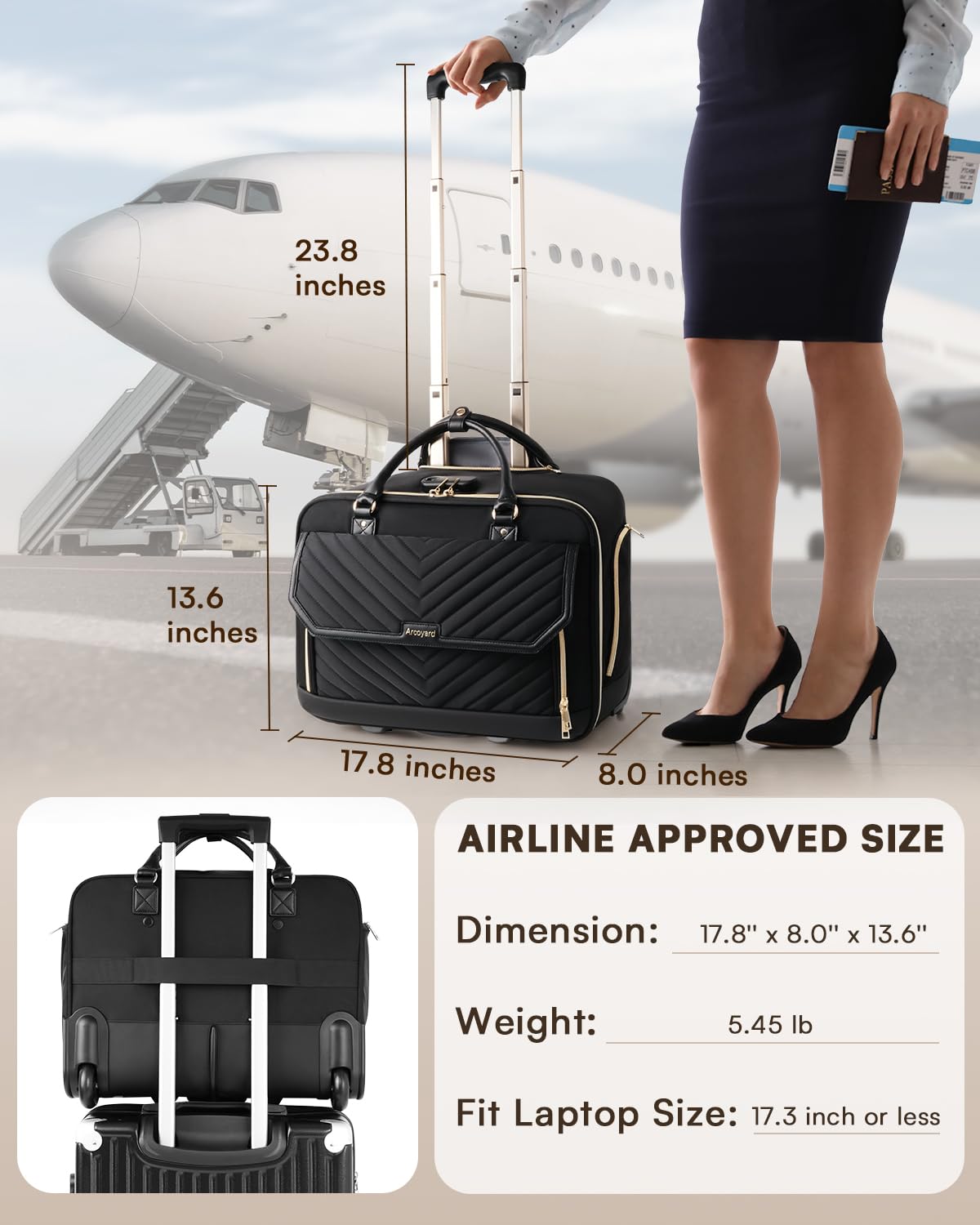 Arcoyard Rolling Laptop Bag for Women, 17.3 Inch Briefcase with Wheels, Anti Theft Computer Bags with Leather Handle, Roller Work Tote Bag for Teacher, Airline Approved, TSA Friendly, Large, Black