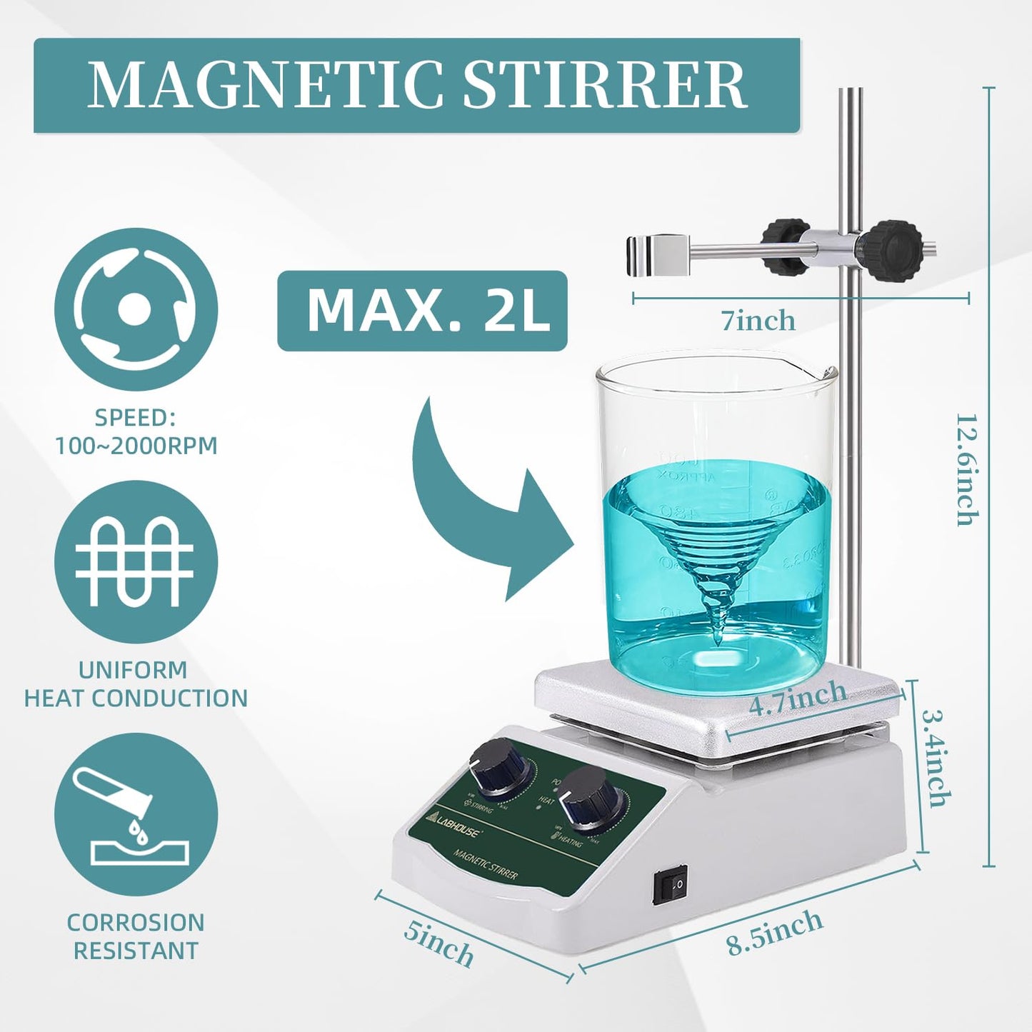 LABHOUSE 300℃/ 572℉ Magnetic Stirrer Hot Plate 2L Heated Mixer 2000RPM Lab Stirring W/Support Stand,Stir Bar Recycler Set(Non Digital)