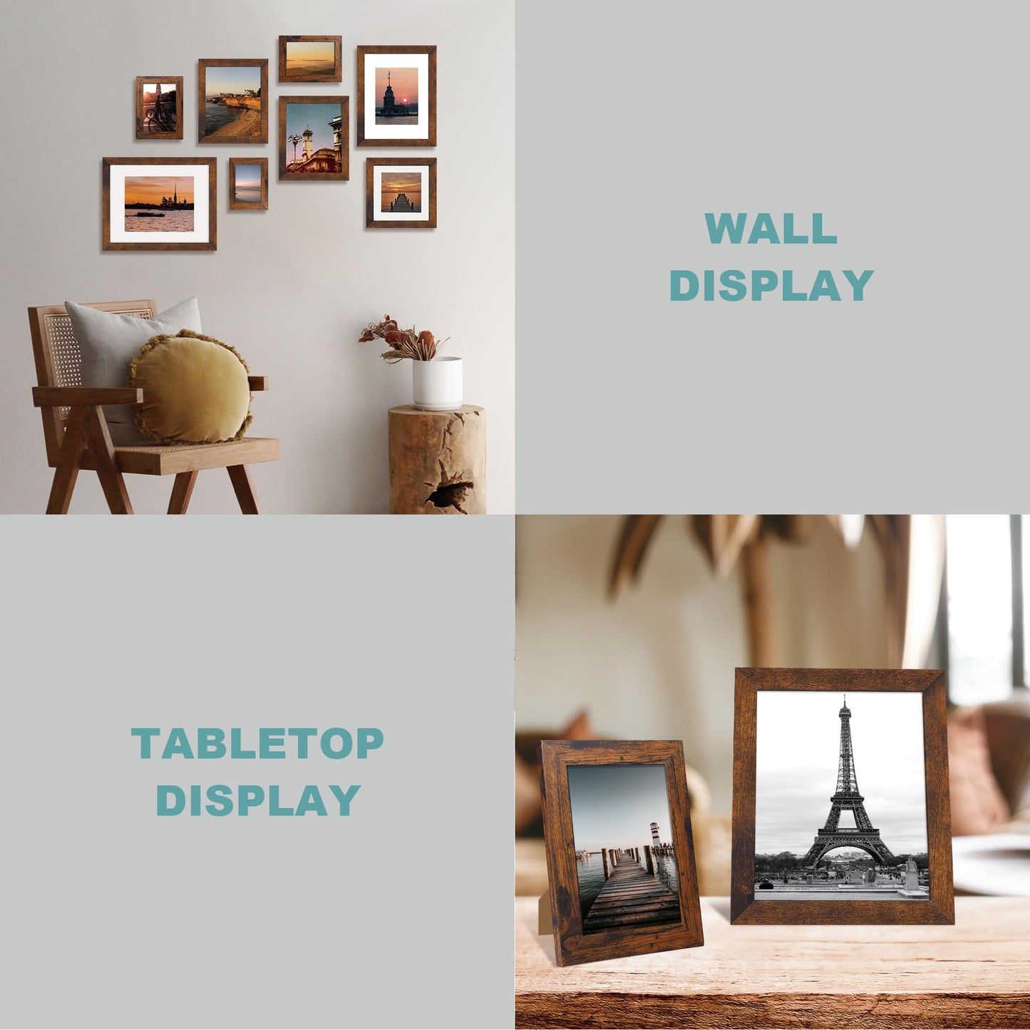 iRahmen 11x14 Picture Frame Set of 4 with Tempered Glass, Rustic Frame Display 8x10 Pictures with Mat or 11 x 14 Without Mat, Wooden Photo Frames for Wall Mounting