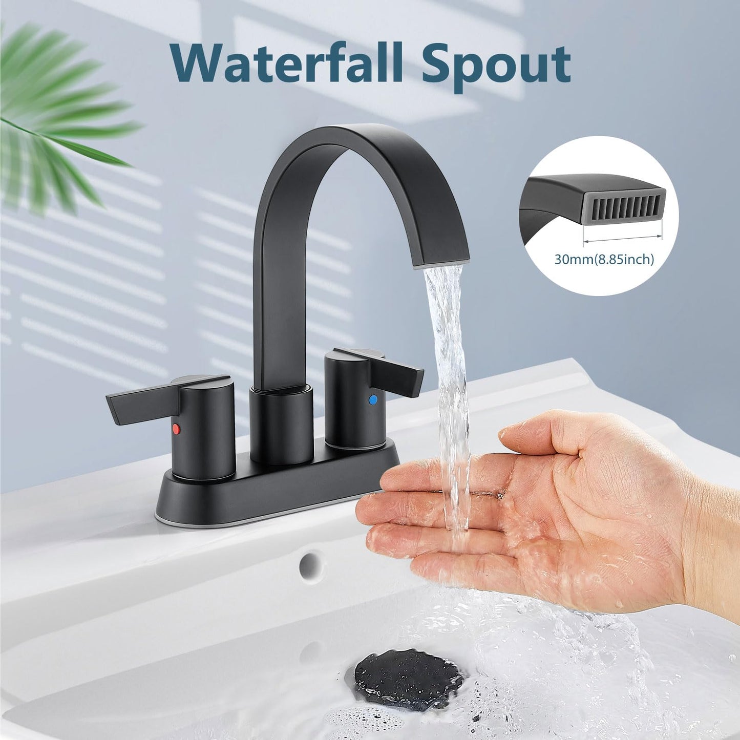 Aolemi Bathroom Faucets for Sink 3 Hole,4 Inch Centerset Waterfall Faucet 2 Handle for Bathroom Sink with Pop-Up Drain and Supply Lines Matte Black