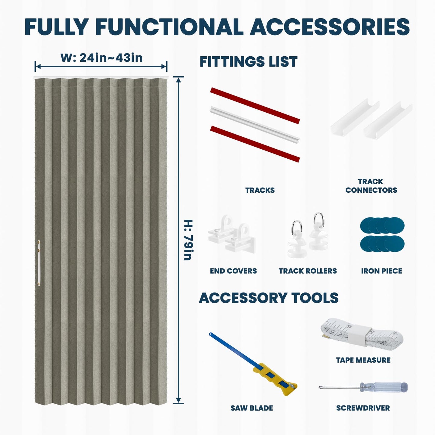 AJAZZ 100% Blackout Magnetic Accordion Door Curtain - Invisible Folding Panel for Bedroom, Living Room, Doorway - Curtain Sets Includes Tracks (1 Panel, 43W x 79L, Grey)