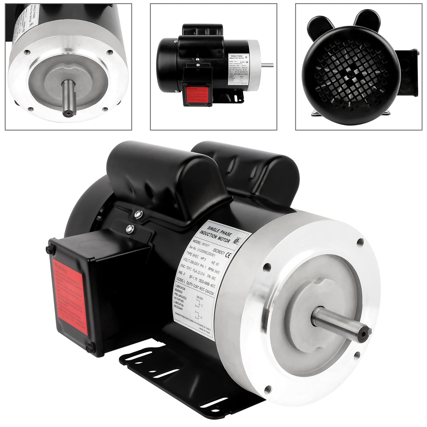 5HP Electric Motor 3450RPM General Purpose Single Phase Motor 208-230V 56C Frame 5/8" Shaft Diameter 60HZ TEFC