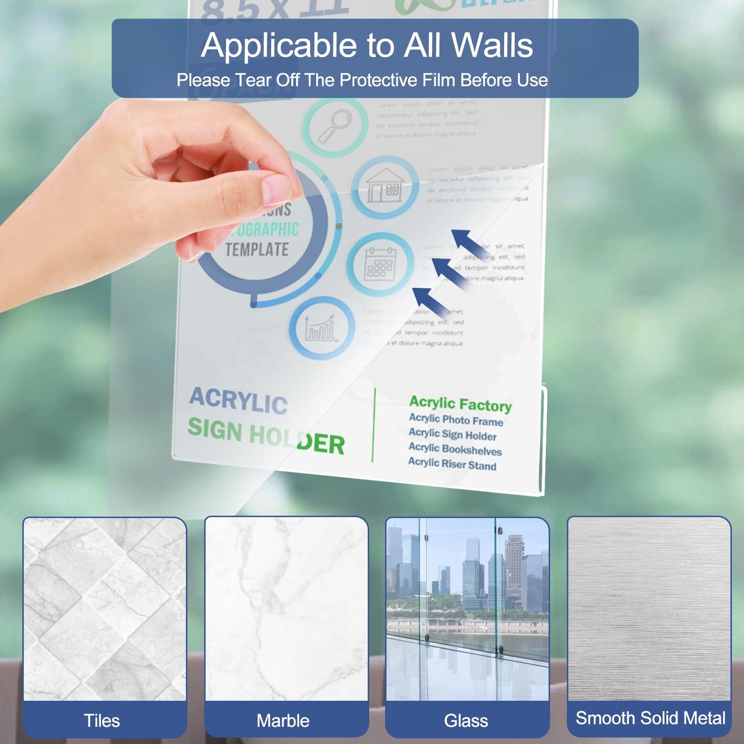Acrylic Sign Holder 8.5 x 11 Wall Mount, 8.5 X 11 inch Clear Plastic Paper Sign Display with Tape, No Drilling Acrylic Wall Frame for Office, Home, Store, Restaurant (24 Pack)